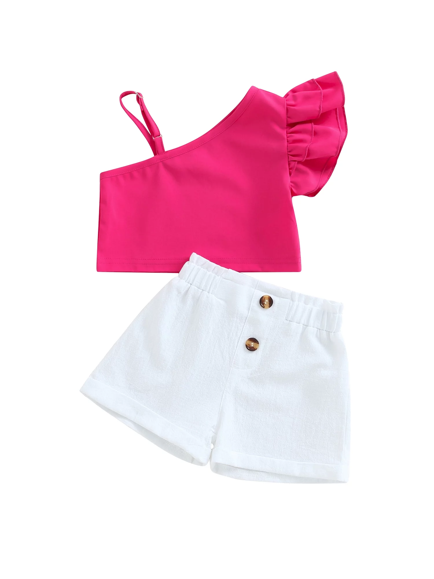 1-6Y Kids Girls 2Pcs Summer Outfits Set Ruffle Sleeve Asymmetric Strap Shirt Tops Shorts Set Children's Outfits Sets