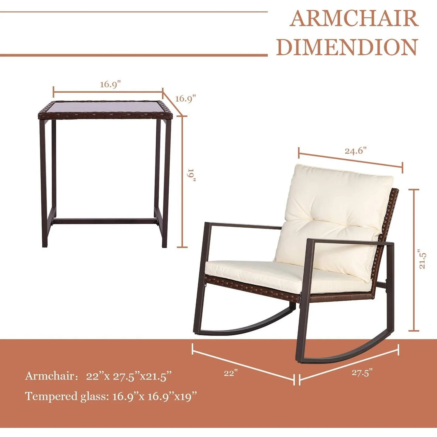 SUNCROWN 3-Piece Patio Rocking Brown Wicker Bistro Set Beige