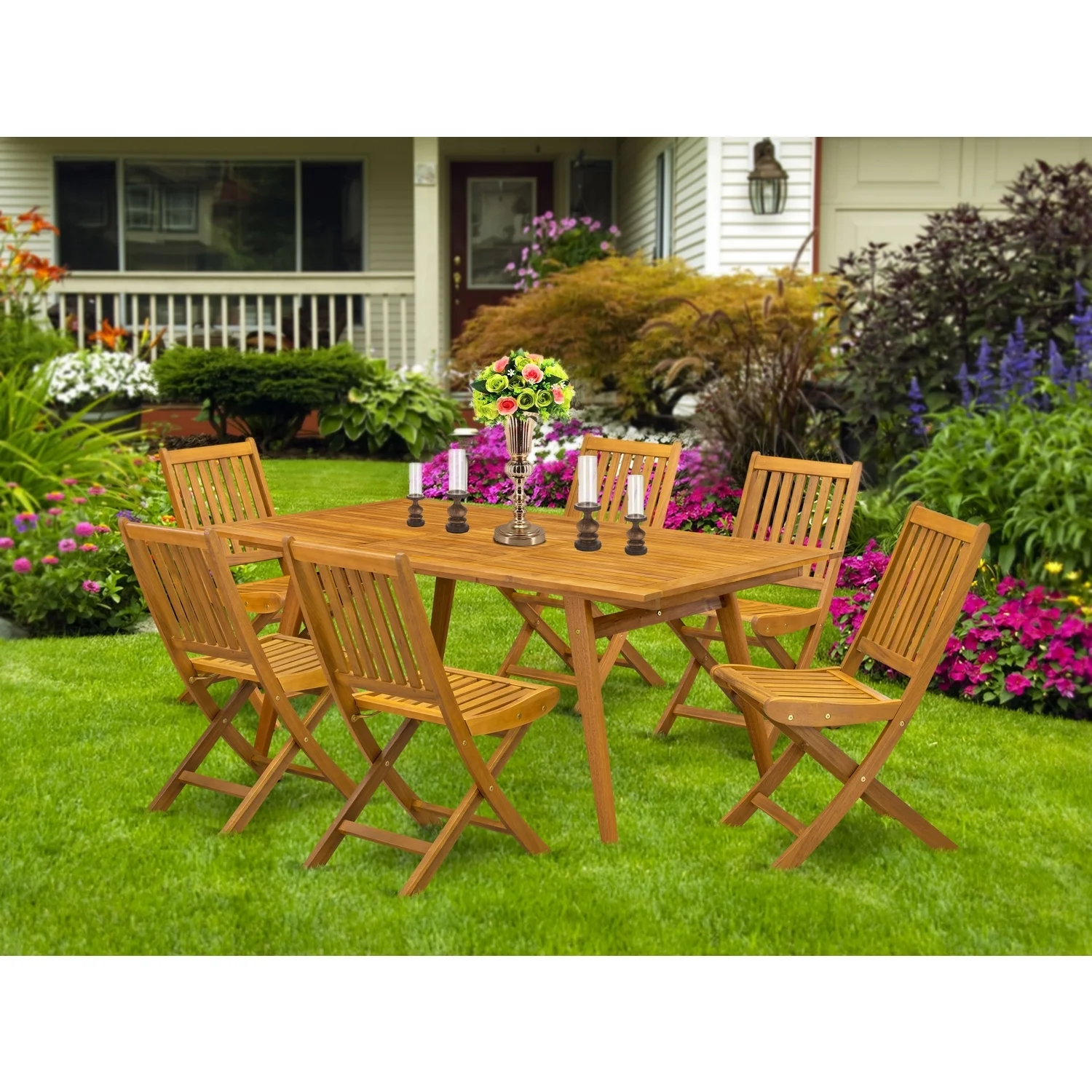 HomeStock Renaissance Refinement 7-Piece Outdoor Set- 6 Foldable Chairs Slatted Back And Outdoor Table And Rectangle Top With Wood 4 Legs - Natural Oil Finish