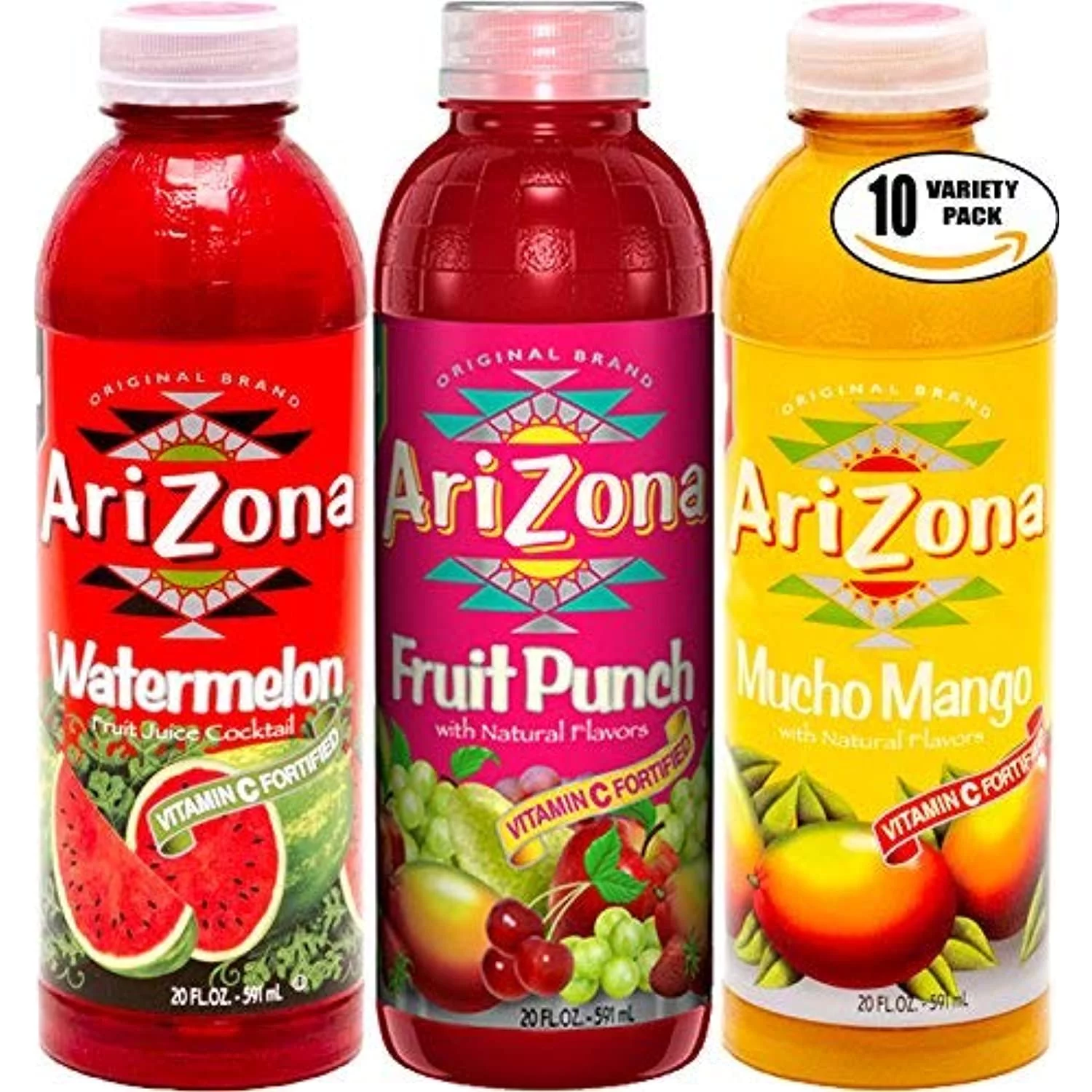 Arizona Variety Pack! Watermelon, Mucho Mango, Fruit Punch, 20 Oz Bottle (Total Of 10 Bottles)