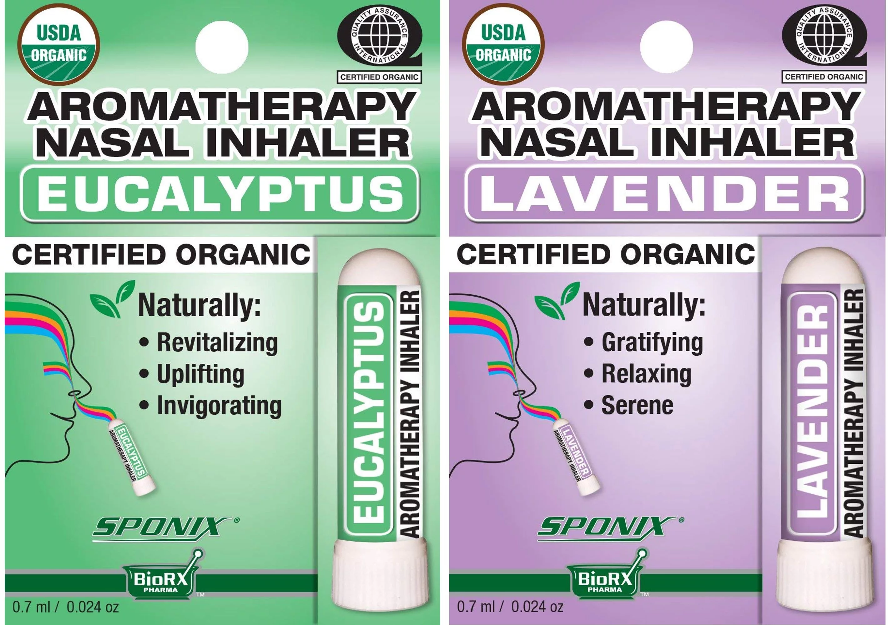 Nasal Inhaler Aromatherapy Gift Set of 2 Eucalyptus, Lavender Made with Organic Essential Oils 0.7 mL each by Sponix Made in USA Pack of 2