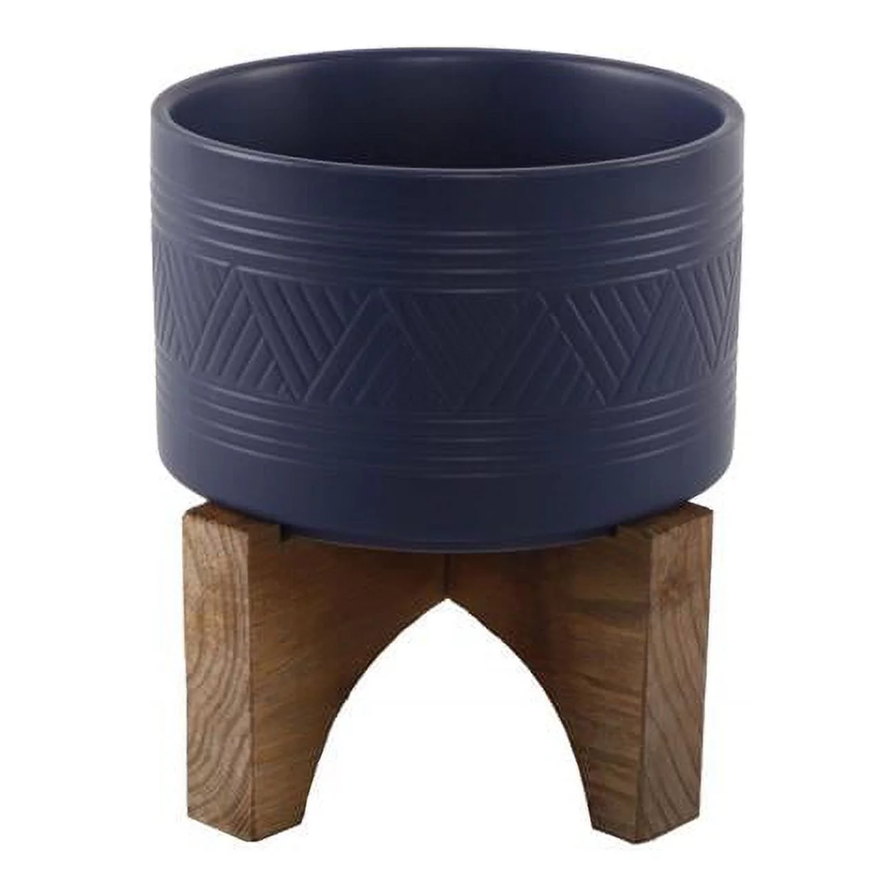 7' Mountain Ceramic Planter on Wood Stand,Matte Navy
