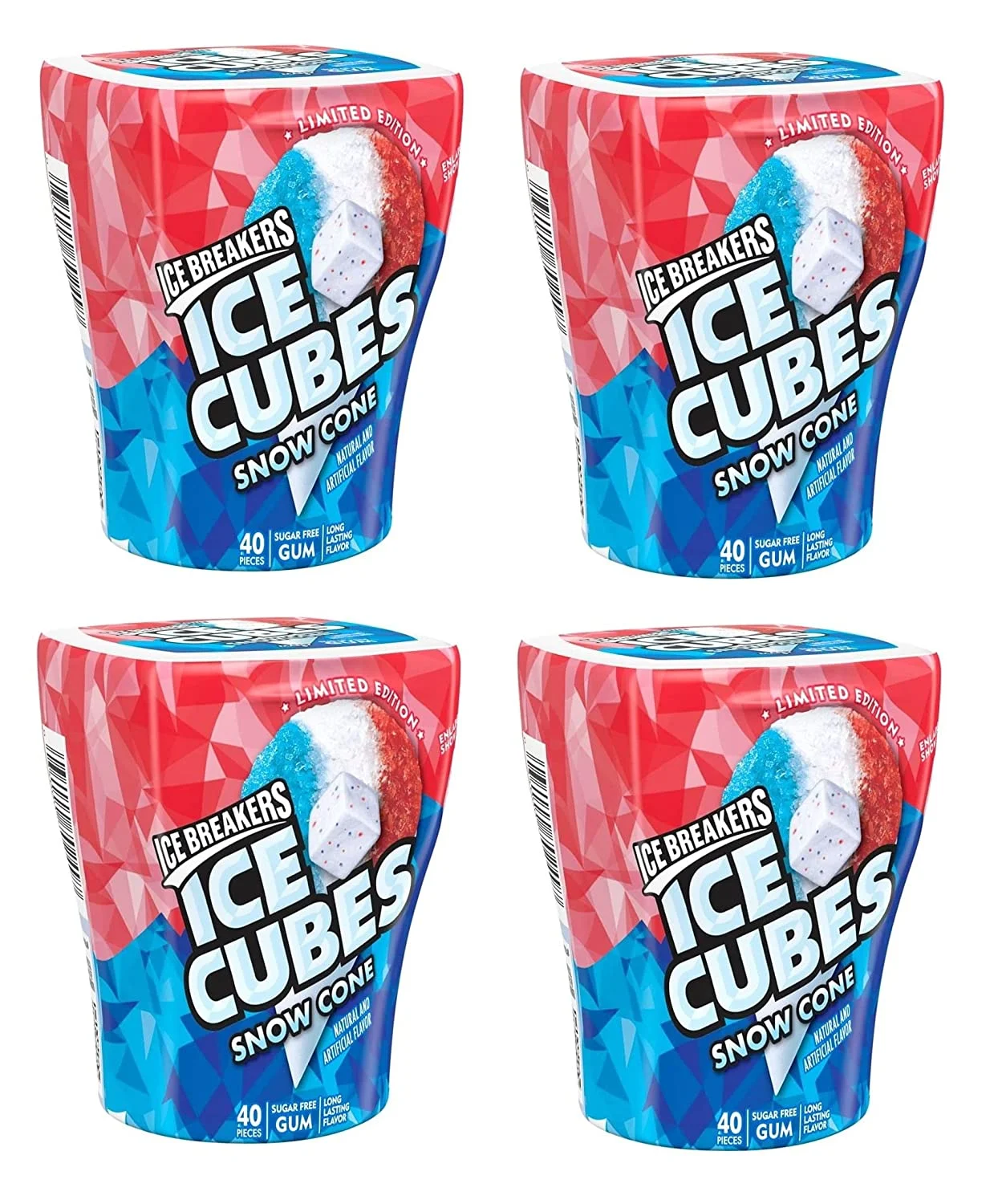 ICE CUBES Limited Edition Snow Cone Gum - Blue, Red, White (4 Pack, 160 Pieces Total)