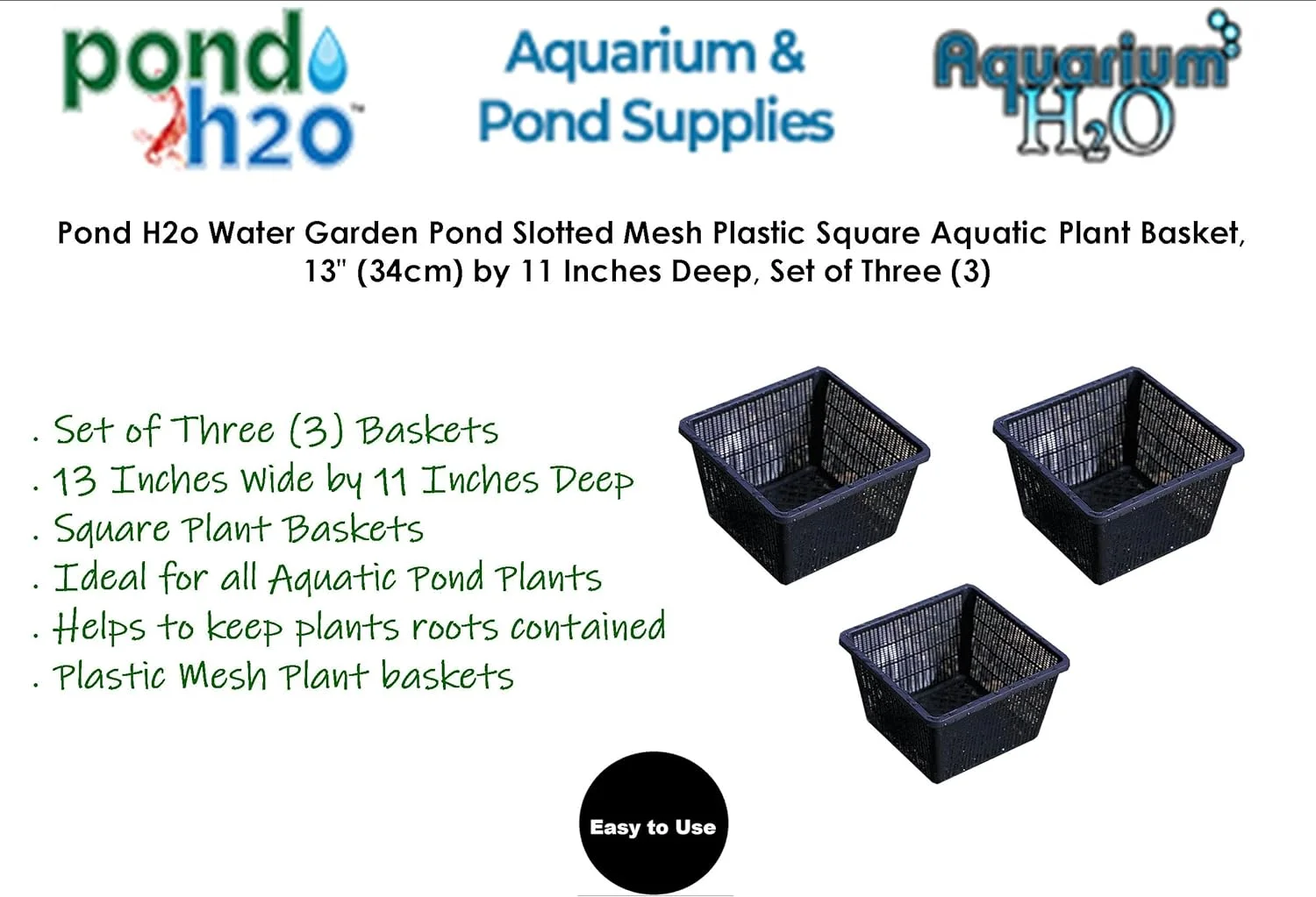 Square Plastic Mesh Plant Baskets for Large Aquatic Pond Plants, Planter Box Root Control Pots for Water Gardens, Aquaponics, 13 Inch (34cm) Wide, Value Pack of Three (3)