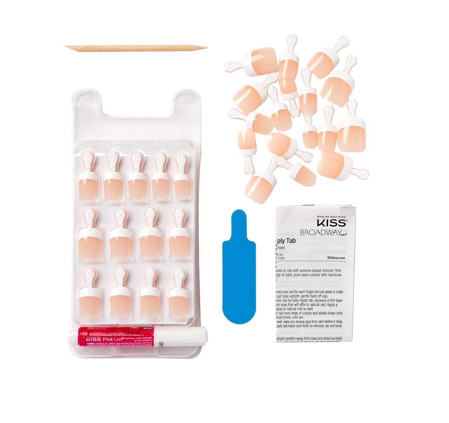 KISS Salon Acrylic French Manicure Set, Style “Power Play”, Nail Kit Includes Pink Gel Nail Glue (Net Wt. 2 g / 0.07oz.), Mini Nail File, Manicure Stick, and 28 Fake Nails
