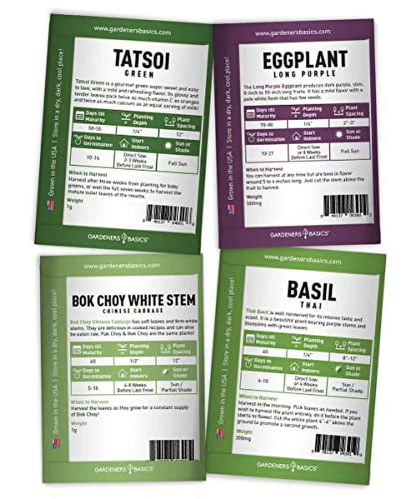 Gardeners Basics, Asian Vegetable Seeds for Planting 8 Packets Bok Choy, Michihili (Napa) Chinese Cabbage, Tatsoi, Onion, White Radish, Serrano, Eggplant for Your Non GMO Heirloom Vegetable Garden
