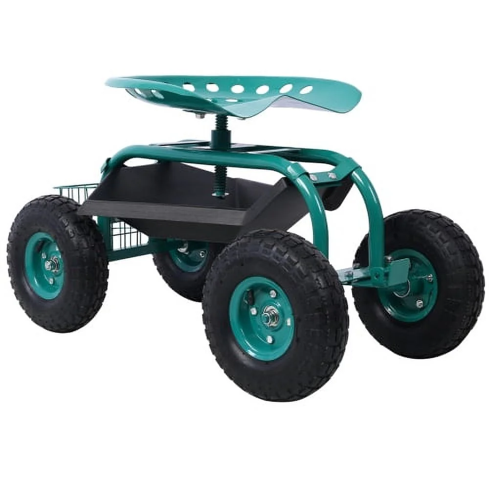 ACETEK 360 Swivel Seat,Rolling Garden Scooter Garden Cart Seat with Wheels and Tool Tray, Green