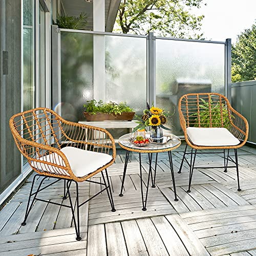 DORTALA 3 Pieces Patio Conversation Set, Rattan Leisure Chairs & Round Glass Tea Table Set, Indoor Outdoor Wicker Bistro Furniture Set with Cushions for Balcony, Poolside, White