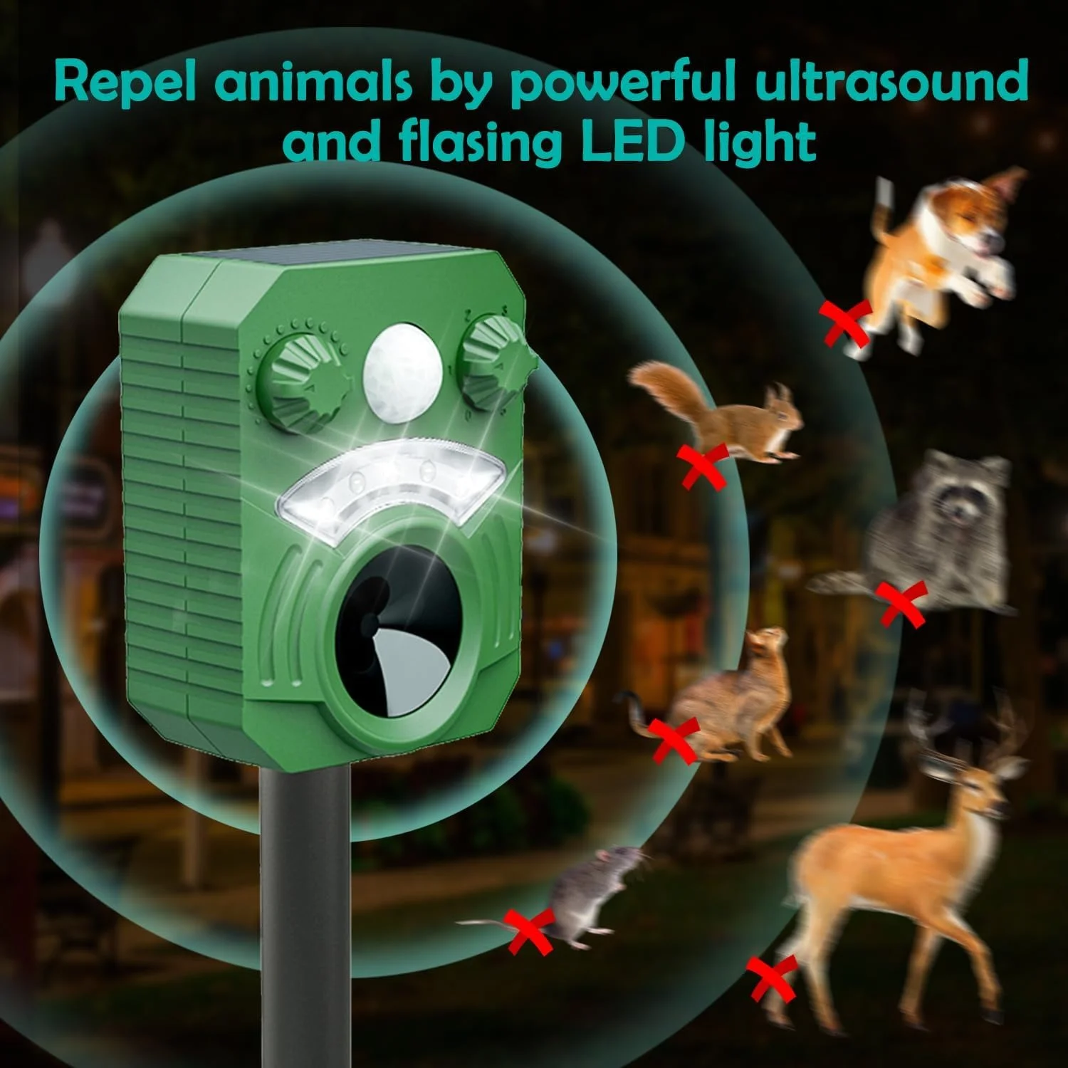 Ultrasonic Animal Repeller Solar Powered Racoon Skunk Bird Cat Deer Pest Repellent Animal Deterrent with Motion Activated Yard Keep Animals Out of Garden