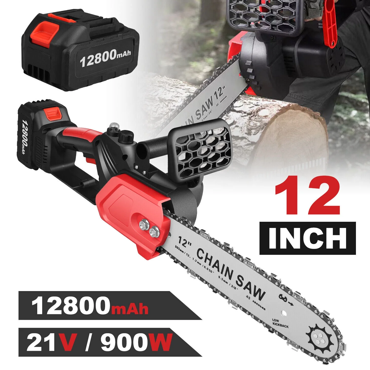 500/900W Cordless Electric Chainsaw Handheld Chain Saw Battery Power Wood Cutter