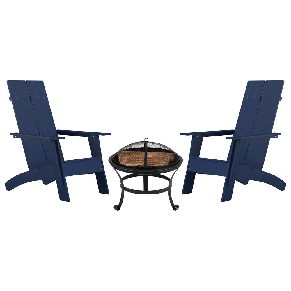 Flash Furniture Finn 3 Pcs Fire Pit with Adirondack Rocking Chairs, Navy