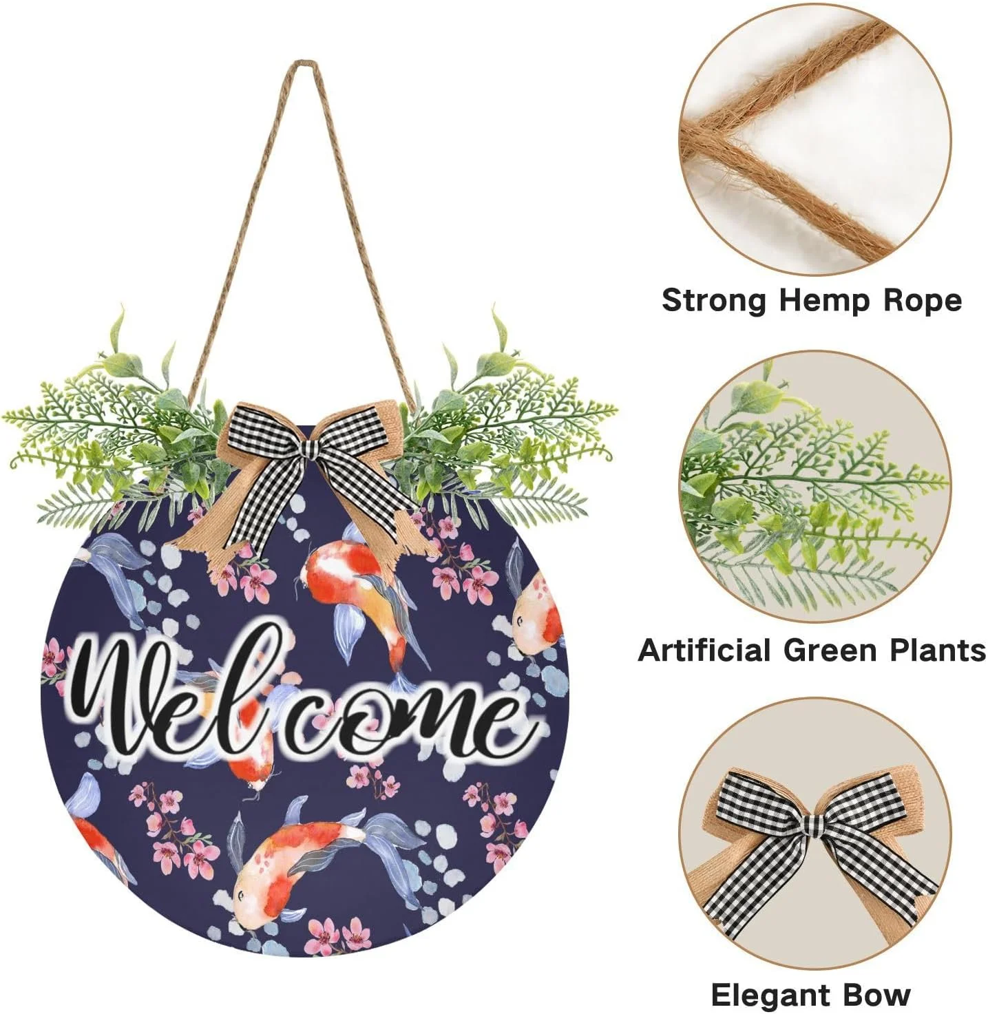 GZHJMY Koi Fish in The Pond Front Door Round Decor,Hanging Welcome Sign,Front Door Decoration for Home,Farmhouse,Porch,Wall Hanging,Outdoor Front Door Decoration Gift