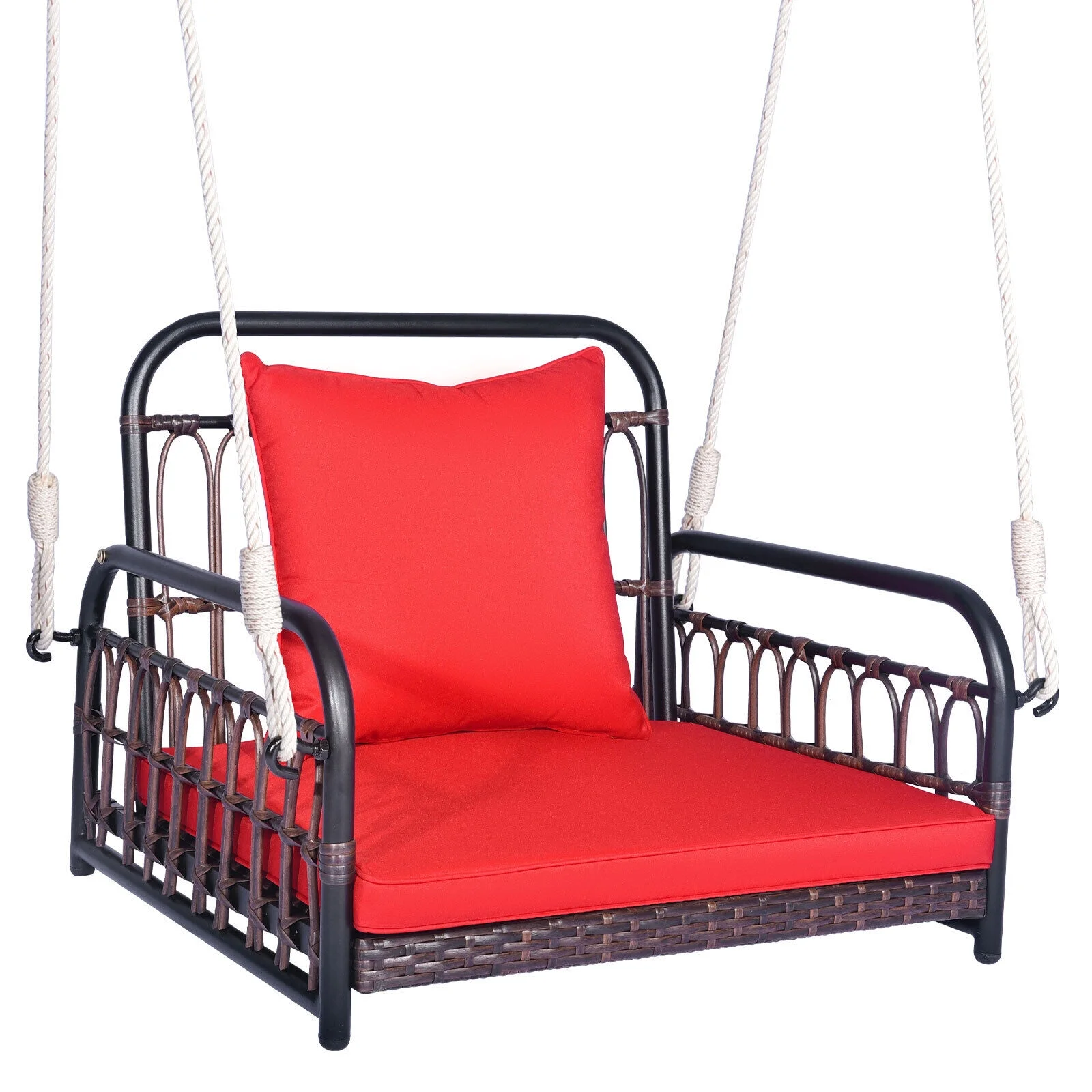 Patio Hanging Rattan Basket Chair Swing Hammock Chair with Seat Cushion