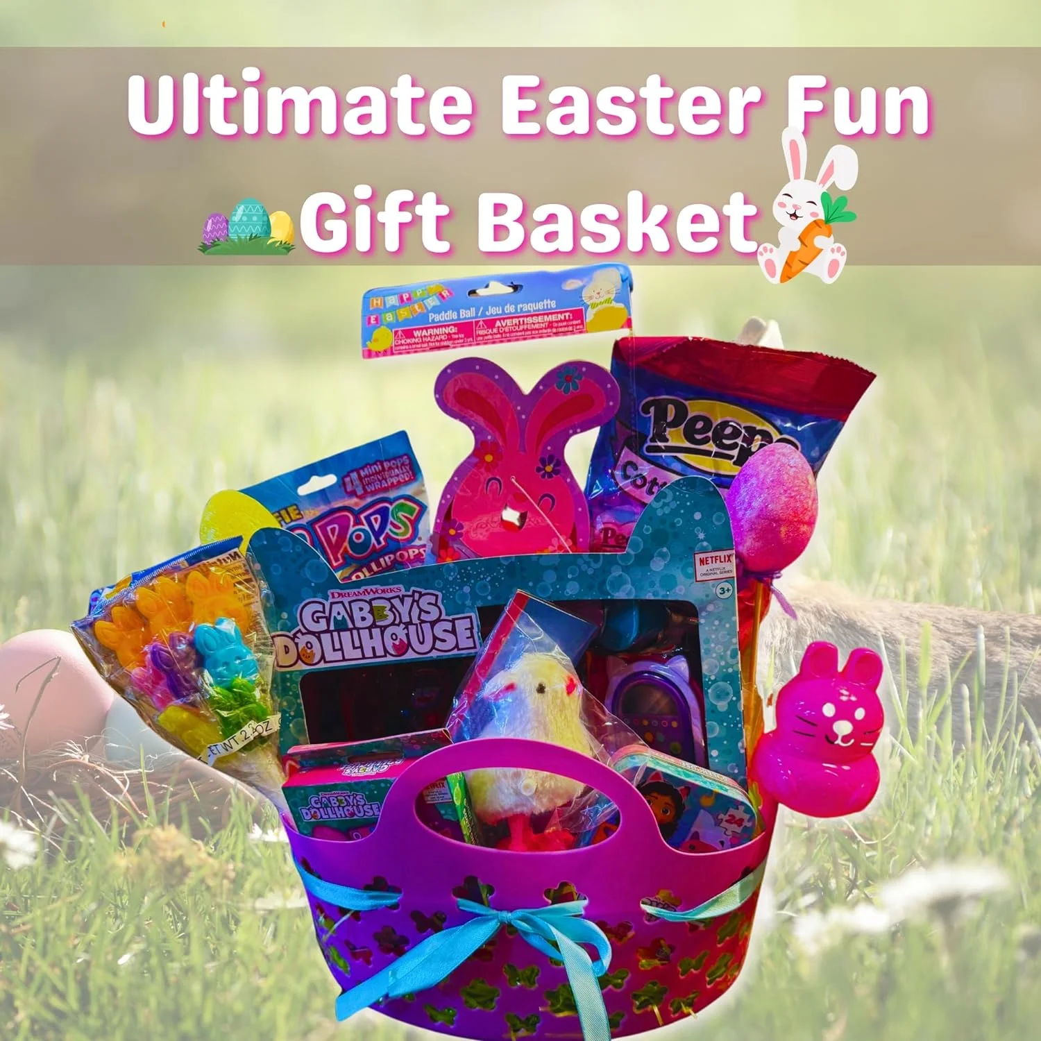 Everyday Necessiteez Music Room Playtime Easter Gift Basket with Dollhouse Mini Doll Chick Plush Paddle Ball Cotton Candy Lollipops & Reusable Purple Clover Bucket Spring Party Favors (Contents Vary)