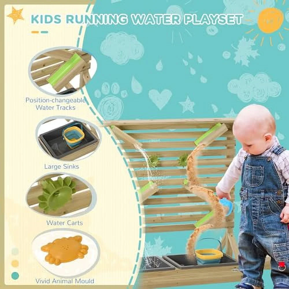 Outsunny 18Pcs Sand and Water Playset for Kids, Wooden Sandbox with Rearrangeable Falling Network Maze, Baby Sensory Toy Outdoor Toys for Summer Activity, Aged 3-7 Years