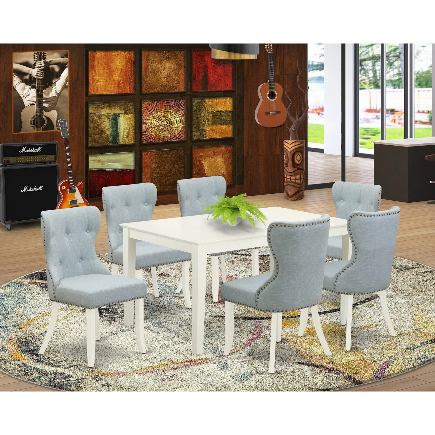 HomeStock Classic Comfort Furniture Casi7-Lwh-15 - A Dining Set Of 6 Fantastic Dining Chairs With Linen Fabric Baby Blue Color And A Lovely Dinner Table With Linen White Color