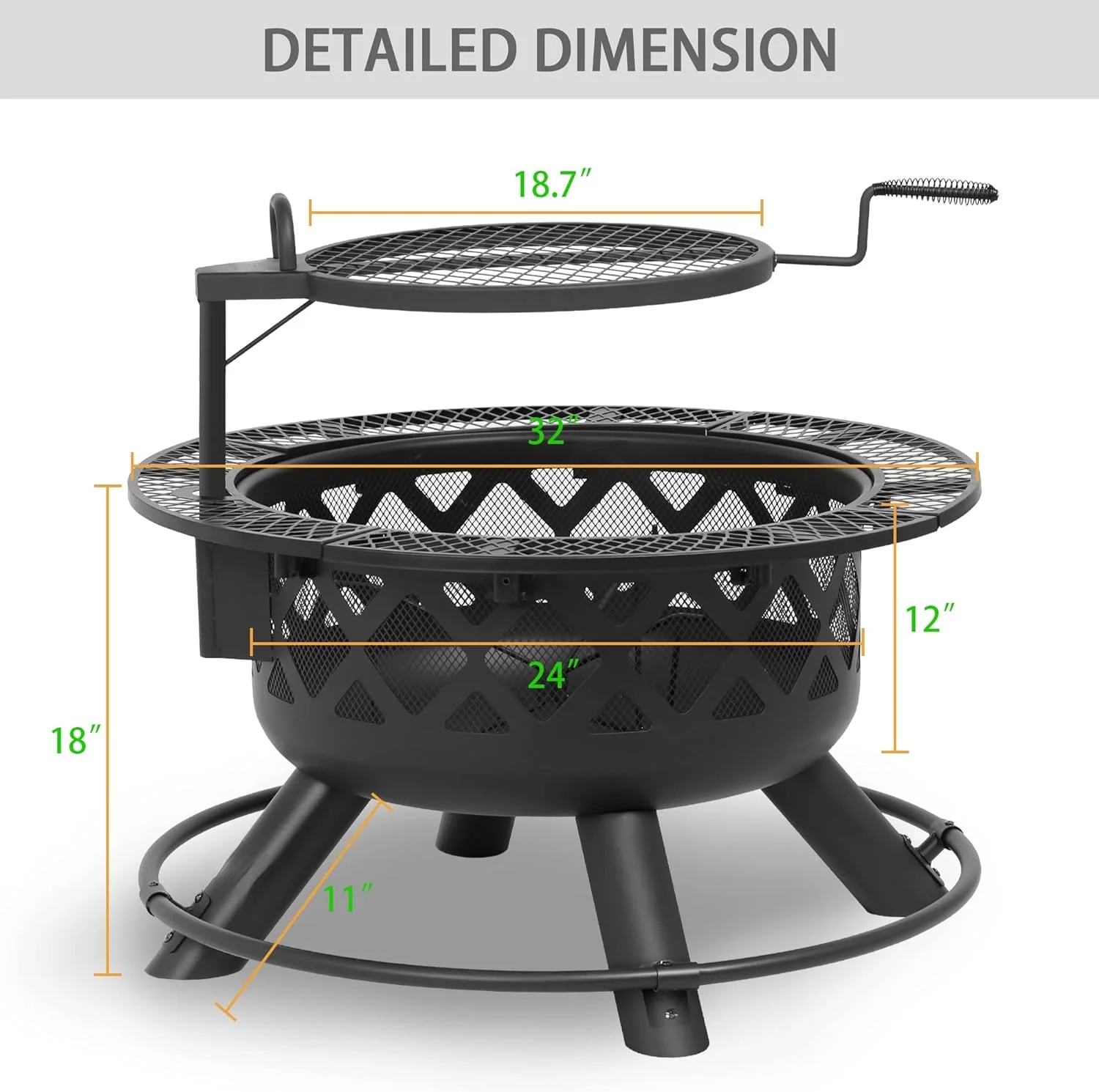 Wood Burning Fire Pit with Quick Removable Cooking Grill, Black, 32in