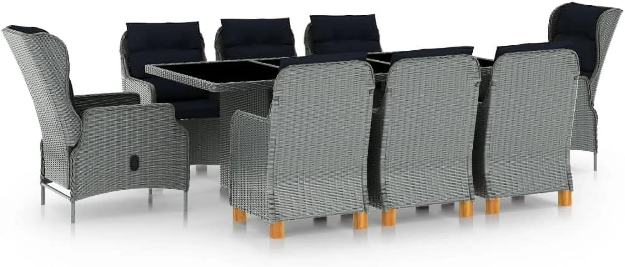 9 Piece Patio Dining Set with Cushions Poly Rattan Light Gray Outdoor Garden Patio Furniture Dining Table Set with 1 Table  8 Rattan Chairs  8 Seat Cushions and 8 Back Cushions