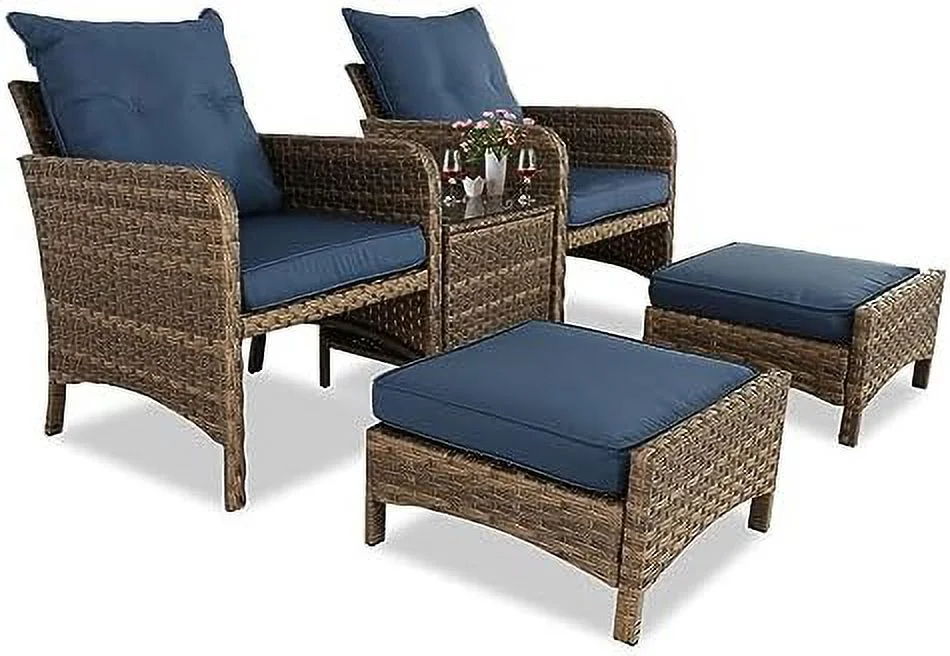 5 Pieces Wicker Patio  Sets Patio Chairs with Ottoman Outdoor Patio  with  Table Patio Set for Porch Balcony Lawn (Brown-Blue  Set of 5)