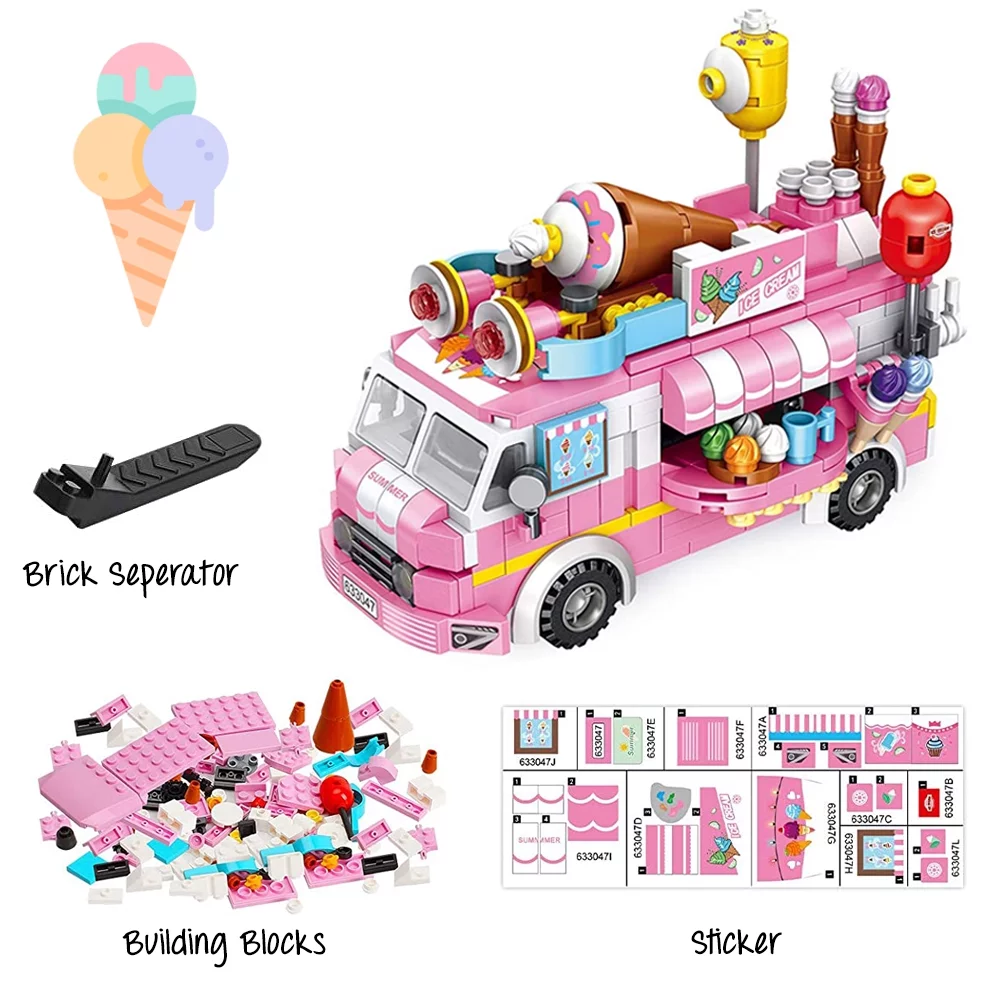 Caelan Ice Cream Van Building Blocks Toys for Girls 553 Pcs, Pink, Building Bricks Play Set for Kids Age 6-12 and Up