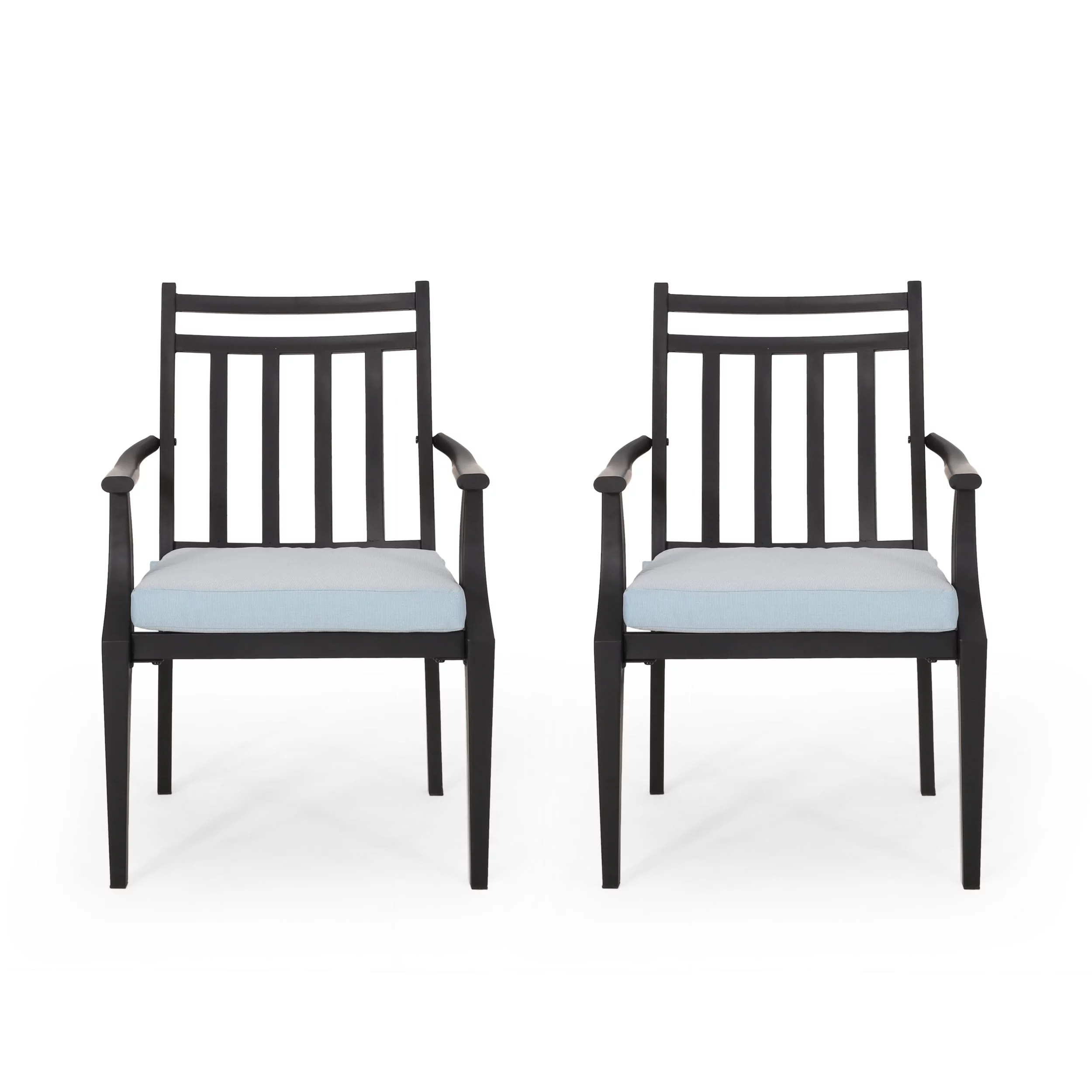GDF Studio Brandywine Outdoor Iron Dining Chairs with Cushion, Set of 2, Matte Black and Light Teal