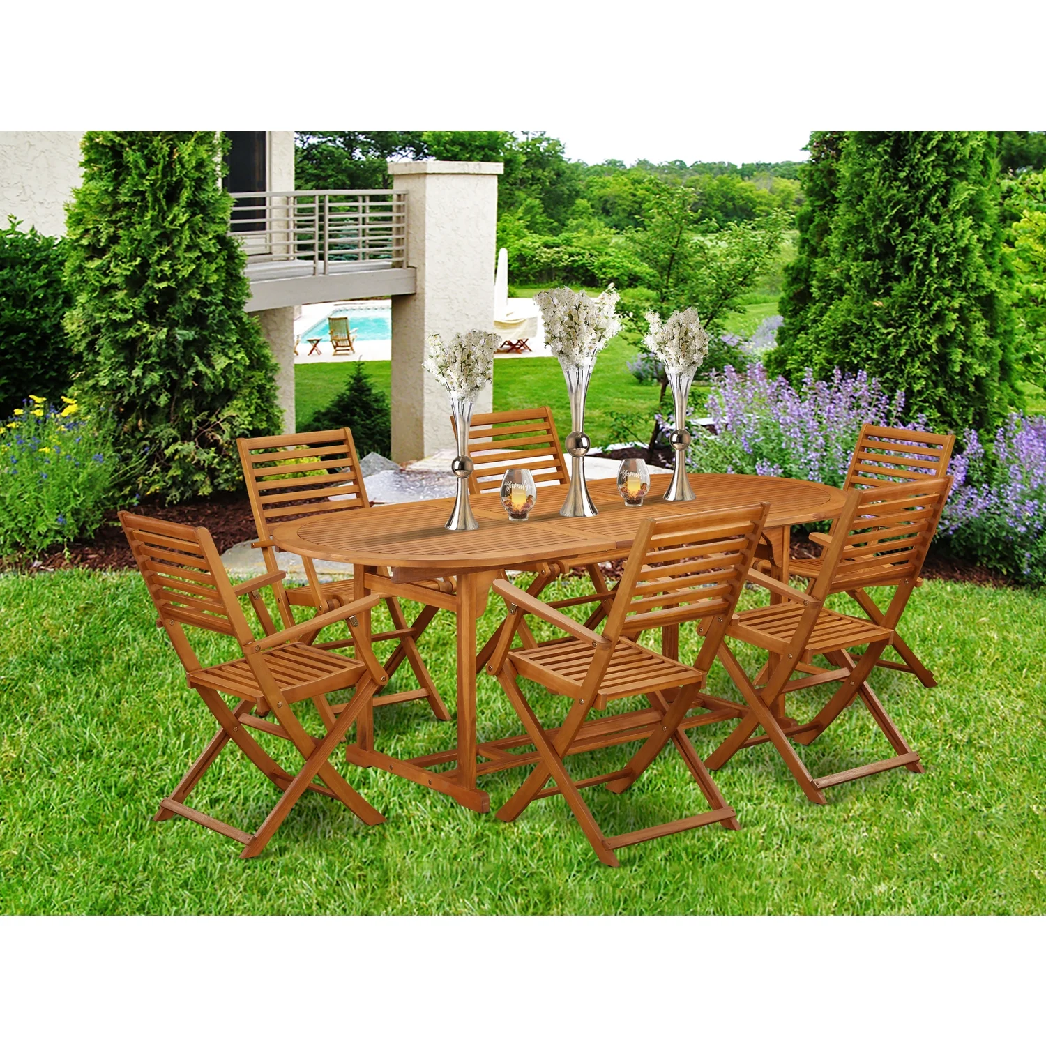 HomeStock Tuscan Temptations This 7 Piece Acacia Hardwood Outdoor Patio Dining Sets Offers An Outdoor Table And Six Chairs