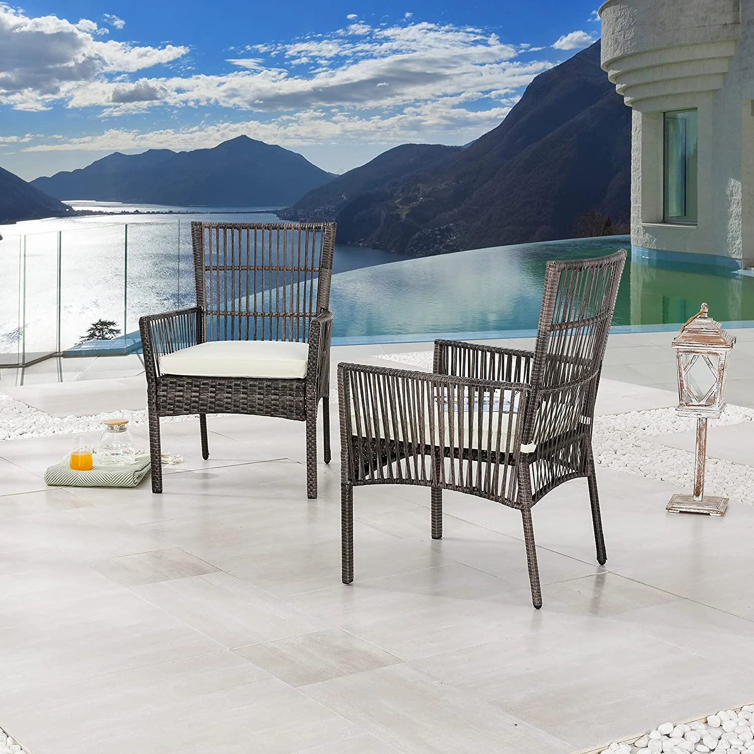 SJOIKLM 2 Pieces Outdoor Wicker Chair Metal Dining Armchairs with Cushion  Beige