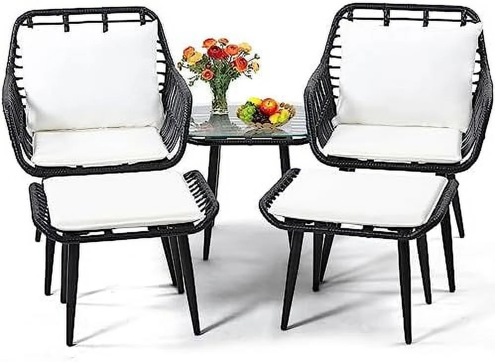 LNSETGC Outdoor Wicker Chairs and Table Bistro Conversation  Set  5 Pieces with Ottoman for Porch  Balcony  Deck  Patio  Backyard  Grey Color