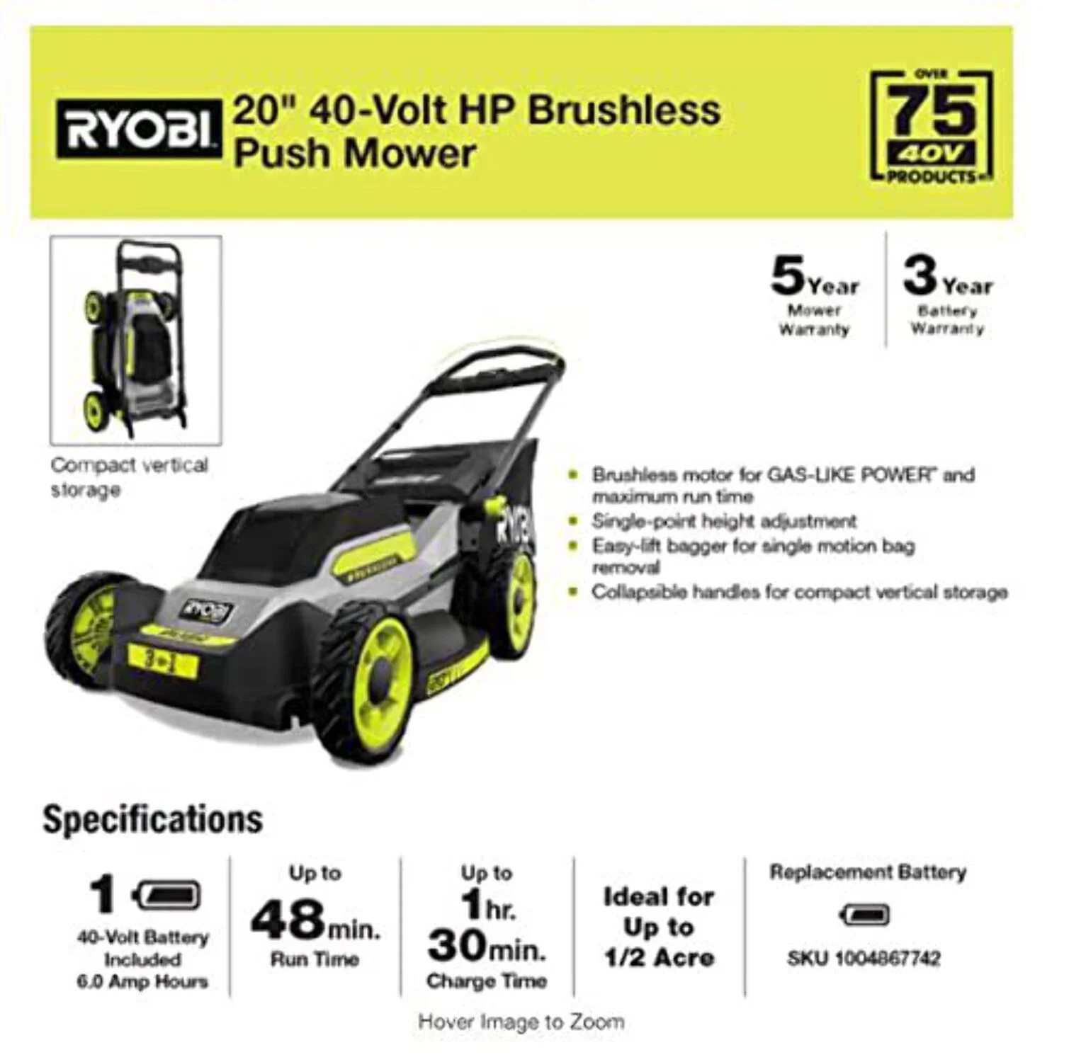 RYOBI 40V HP Brushless 20 Battery Push Mower