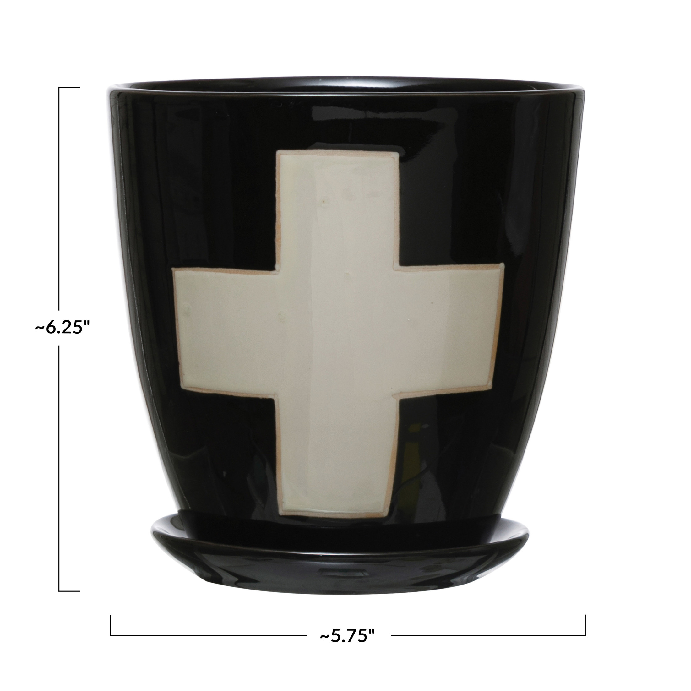 Creative Co-Op Stoneware Planter with Saucer & Wax Relief White Swiss Cross, Black, Set of 2 (Holds 4