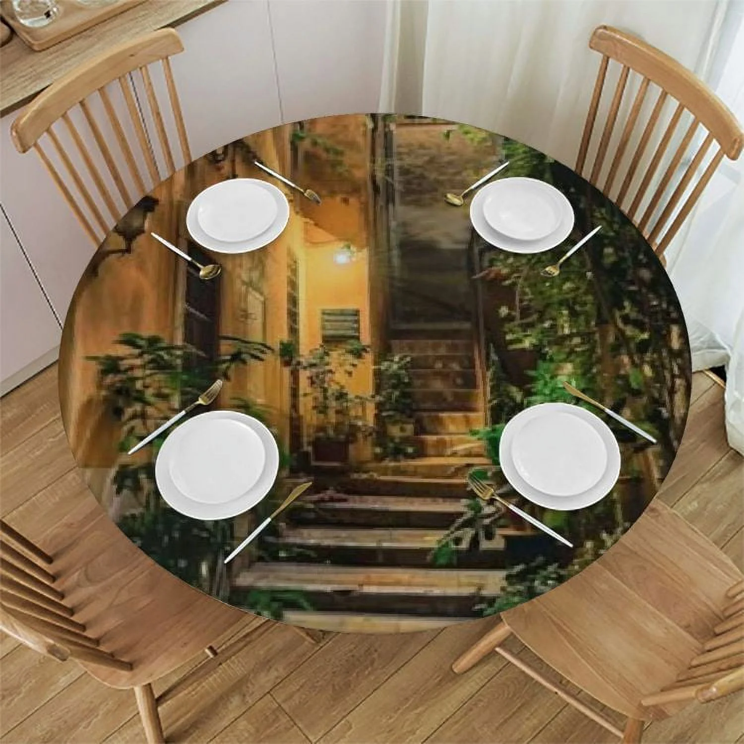 Wllo0ord Elastic Edged Polyester Fitted Table Cover,Old Courtyard in Rome Italy Cafe Chairs City Ambience Houses Street Decorative 31-35