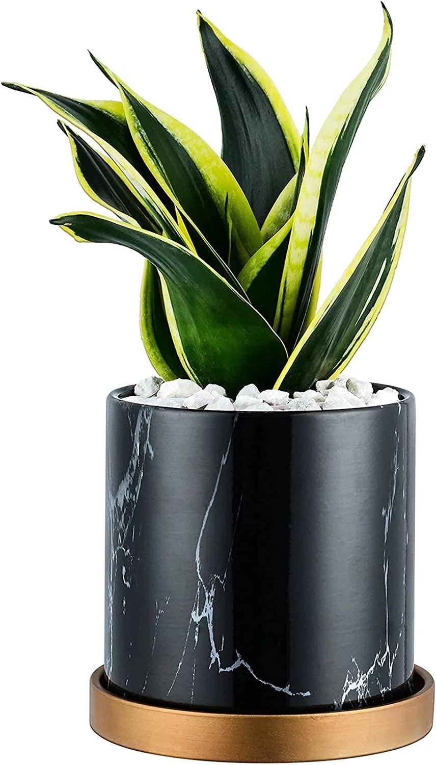 FEIAA Plant Pots Indoor Planter 6 inch Ceramic Flower Orchid Pot with Drainage Holes and Tray Modern Black for Home Decoration Outdoor