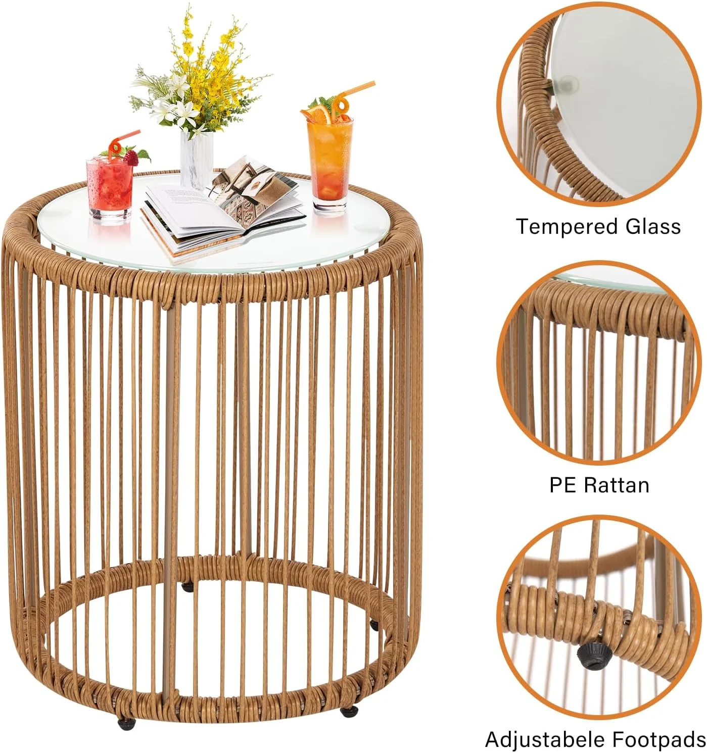 YRLLENSDAN 3-Piece Patio Set Wicker Patio Bistro Furniture Set Outdoor All-Weather Wicker Furniture for Porch Backyard Rattan Conversation Set W/Glass Coffee Table Top and 2 Chairs/Cushions, White