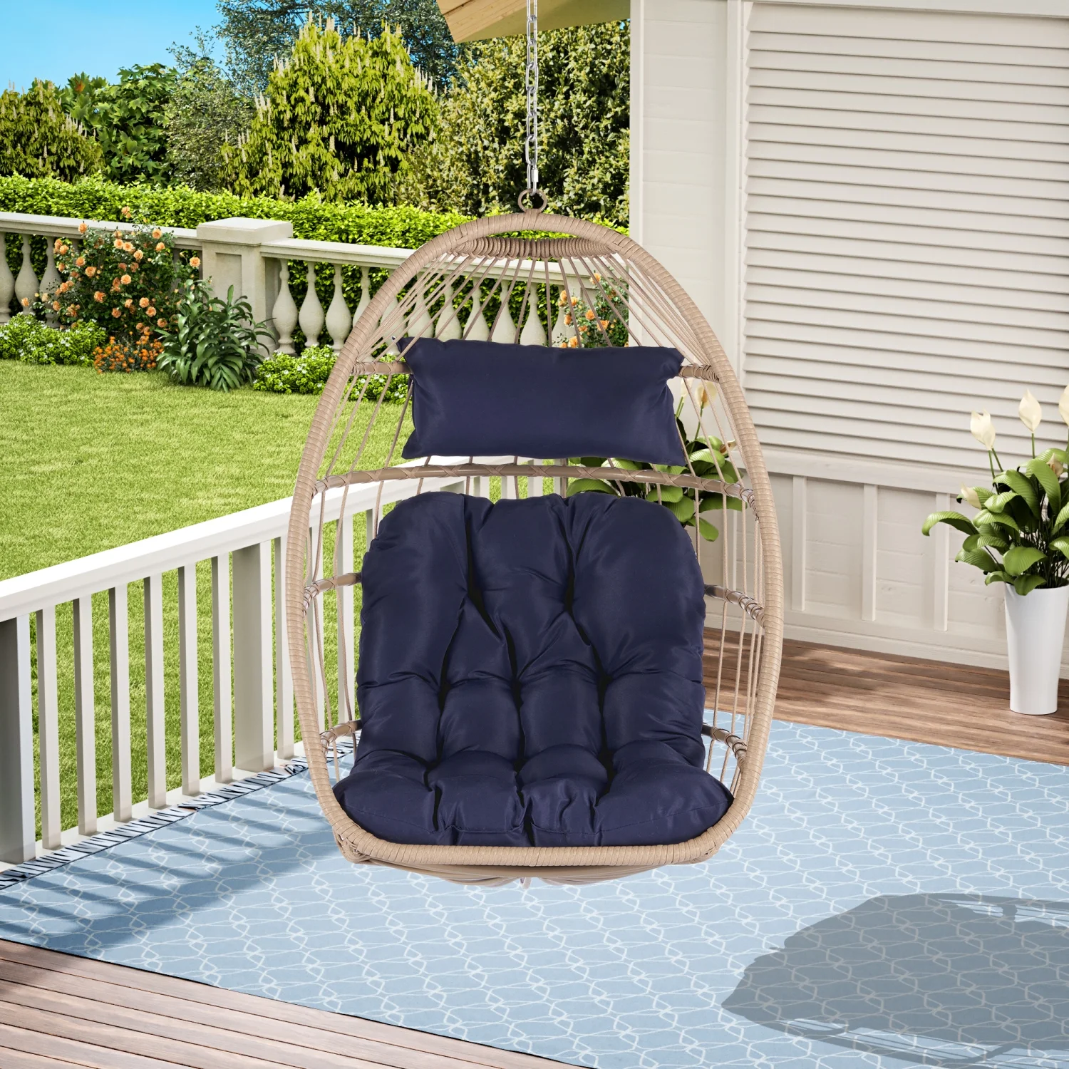 TQJKLFDY Outdoor Garden Rattan Egg  Chair Hanging Chair WOOD + DARK BLUE