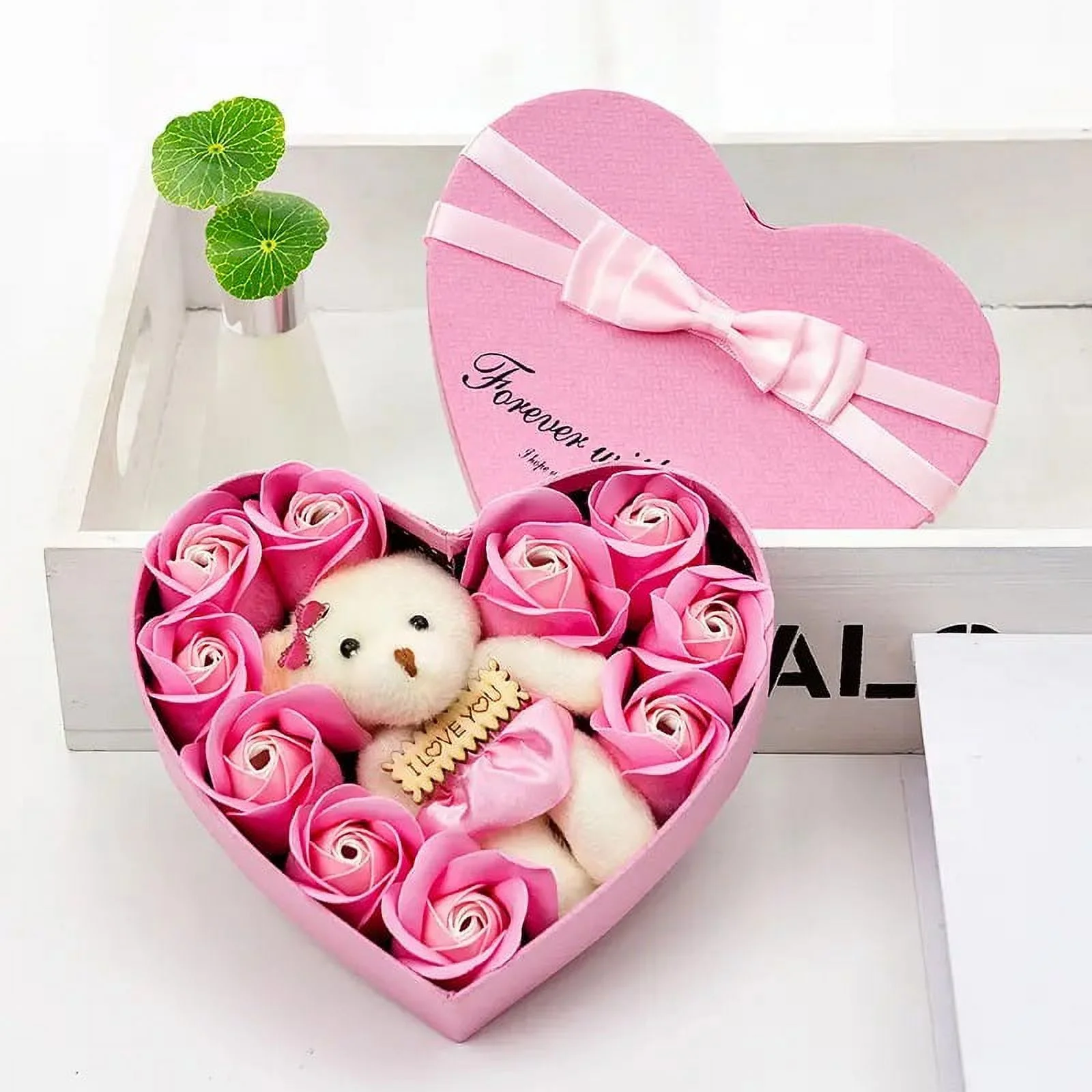 Mother's Day Heart-Shaped Pink Rose Flower and Teddy Bear Gift Box: The Perfect Gift for Christmas, Valentine's Day, Weddings, Anniversary, Birthday or Proposal