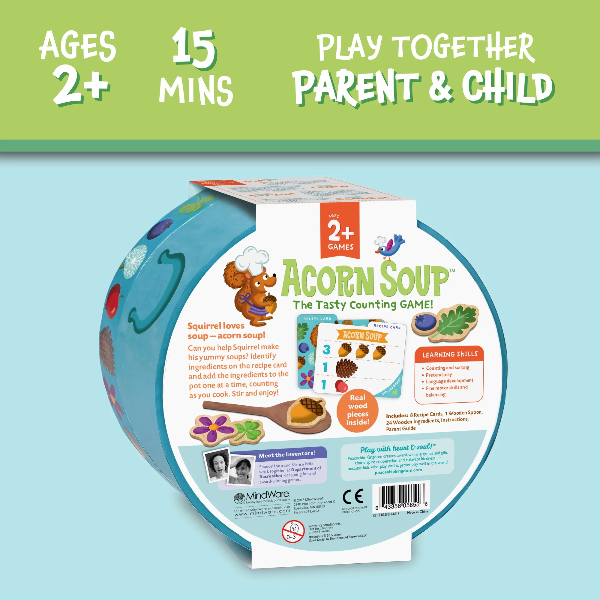 Peaceable Kingdom Acorn Soup Counting Game - 8 Recipe Cards, 24 Ingredient Tiles, 1 Wooden Spoon, Parent Guide & Instructions - Ages 2+