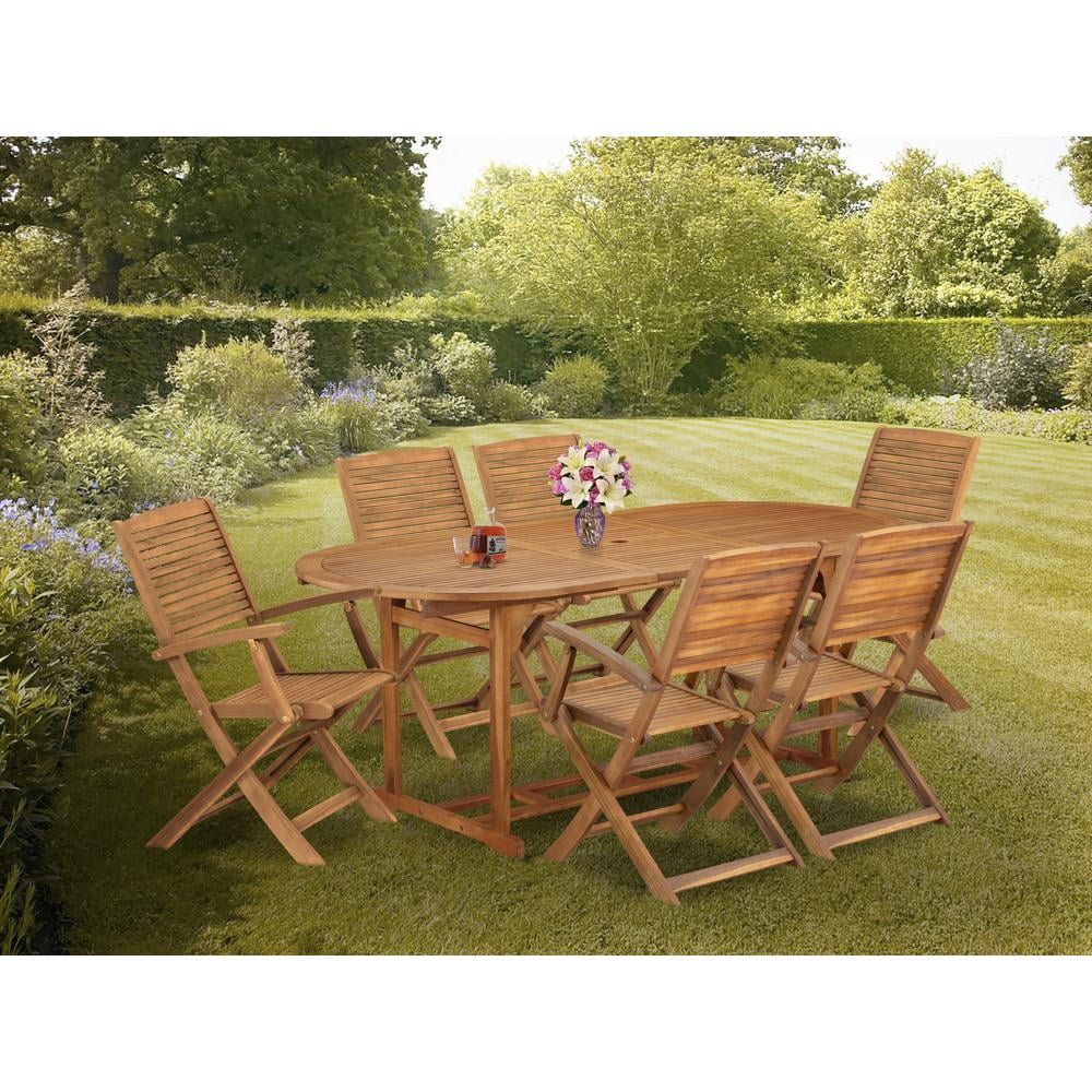 East West Furniture 7 Piece Outdoor Patio Dining Sets, 36x78, Natural Oil