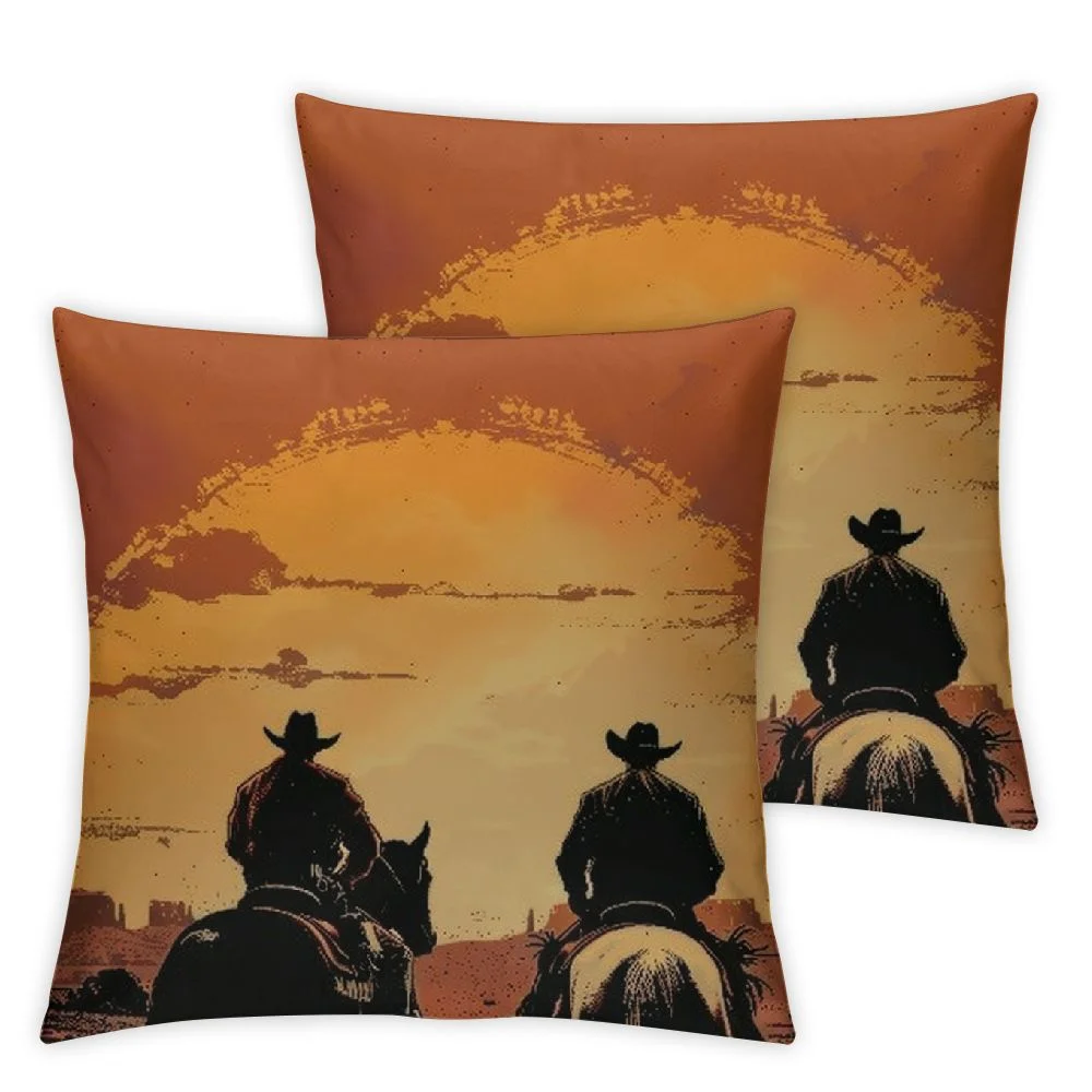 Nawypu Throw Pillow Covers Cowboys Sunset Grunge Western Cowboy Wild West Ranch Landscape Country Dessert Horse Graphic for Couch Living Room  Set of 2 White