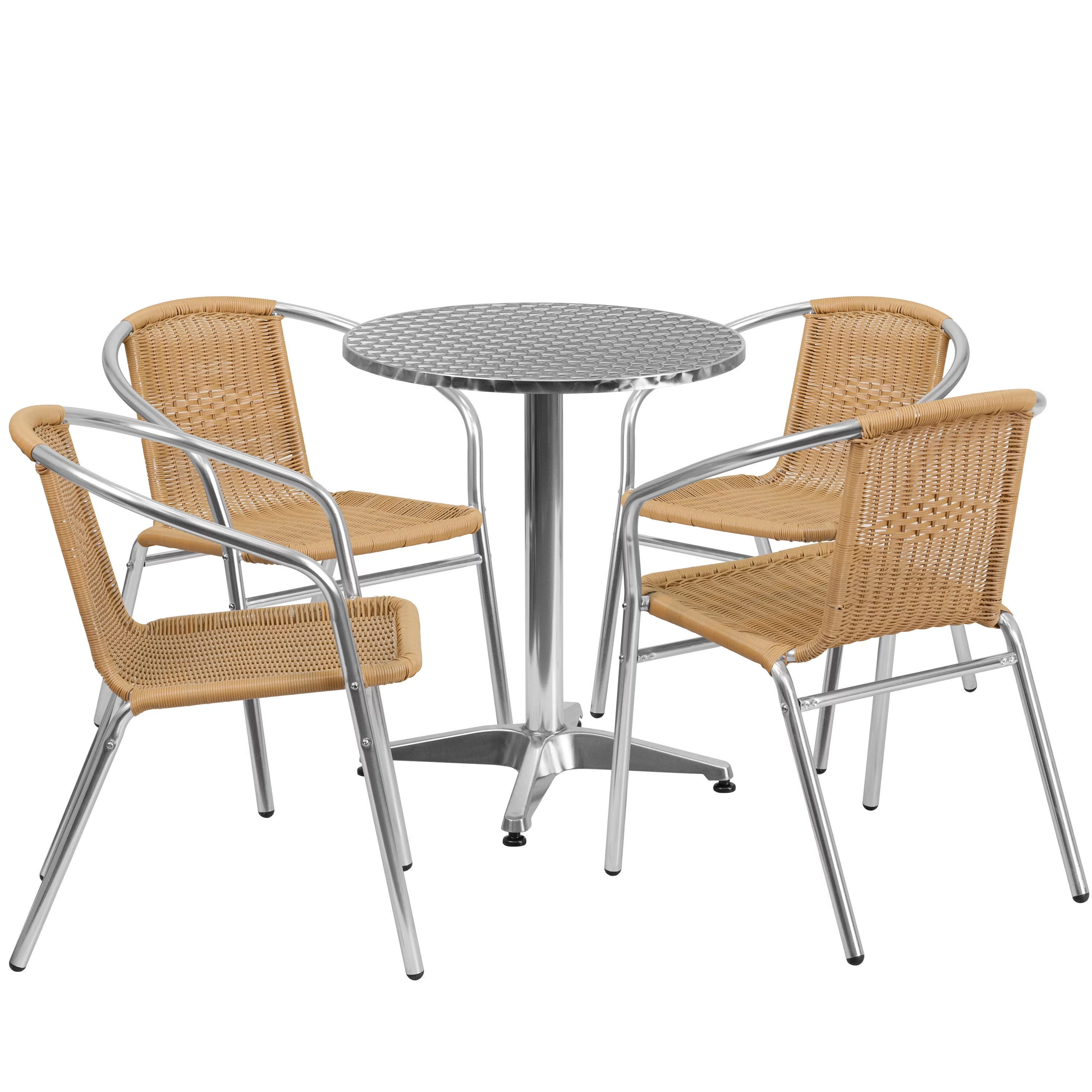 BizChair 23.5'' Round Aluminum Indoor-Outdoor Table Set with 4 Beige Rattan Chairs