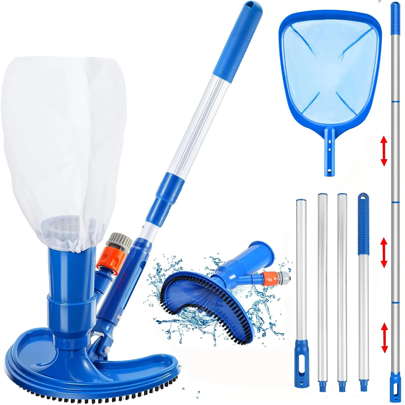 Upgraded Handheld Portable Pool Vacuum Cleaner with Pool Skimmer Net, 4 Section Poles of 60