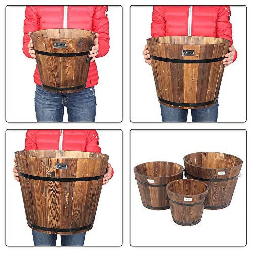 VINGLI 3 pcs Wooden Planter Barrel Set, Real Wood Indoor/Outdoor Flower Pot w/Drainage Holes, Different Sizes, Large Garden Container Box