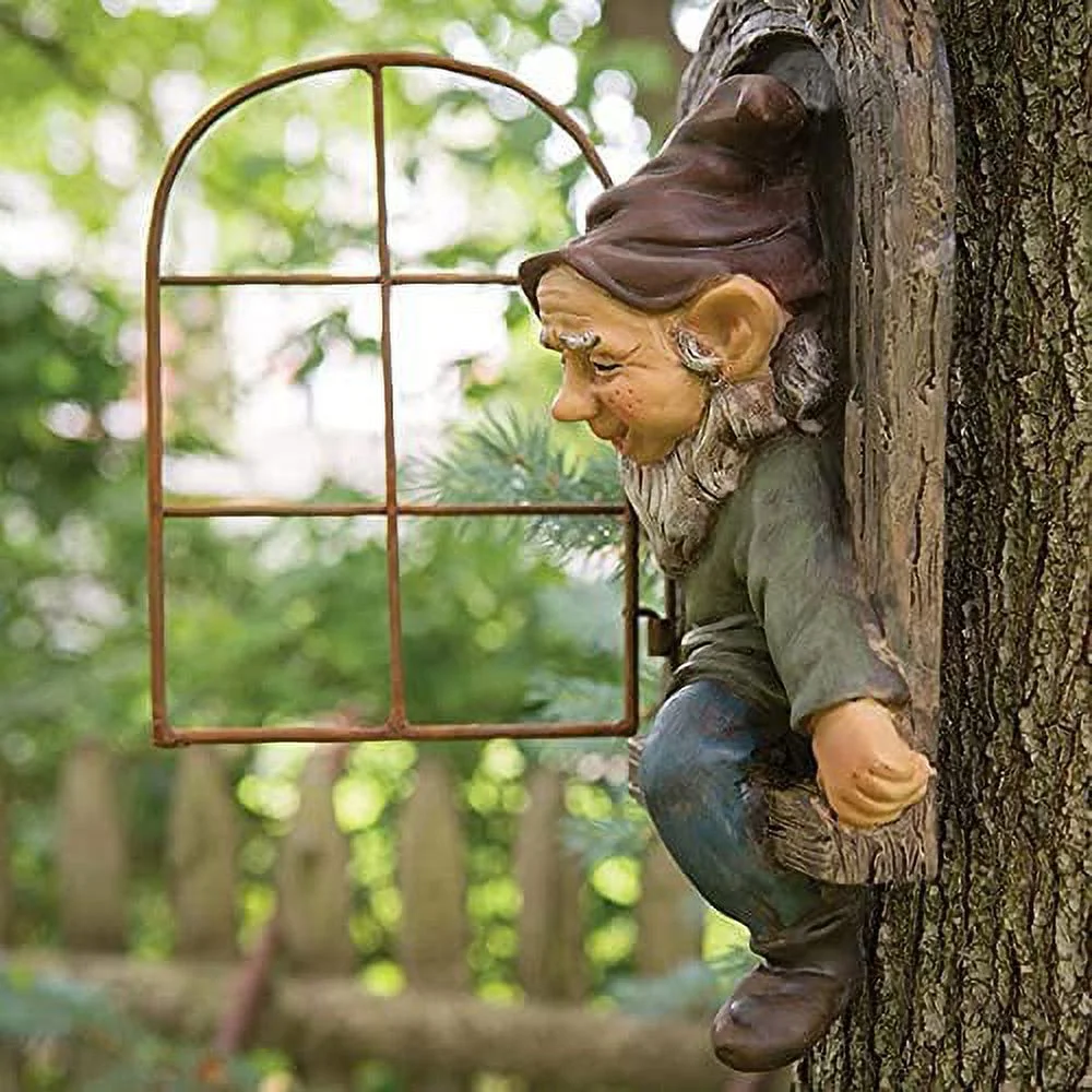 LS Elf Out The Door Tree Hugger Yard Art Outdoor Naughty Gnome Statue Garden Decor