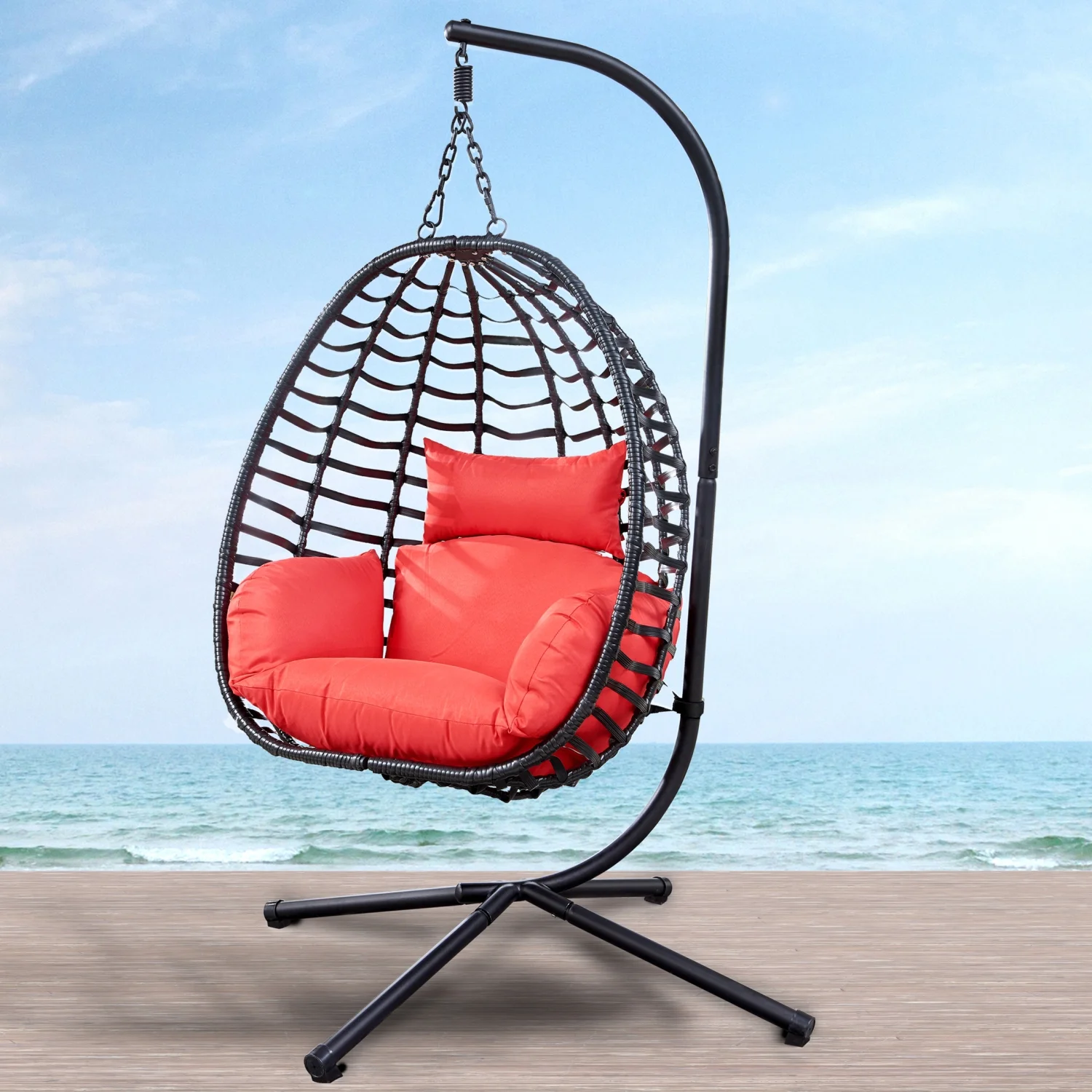YLtoohoom Outdoor Rattan Hanging Oval Egg Chair in Stock  37”Lx35”Dx78”H (Red)