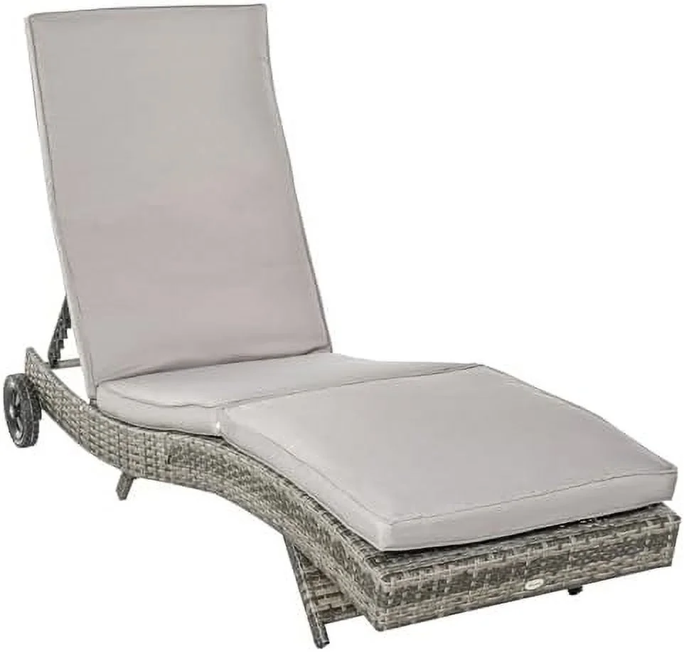LNSETGC Chaise Lounge Pool Chair  Outdoor PE Rattan Cushioned Patio Sun Lounger w/ 5-Level Adjustable Backrest & Wheels for Easy Movement  Wicker  Gray