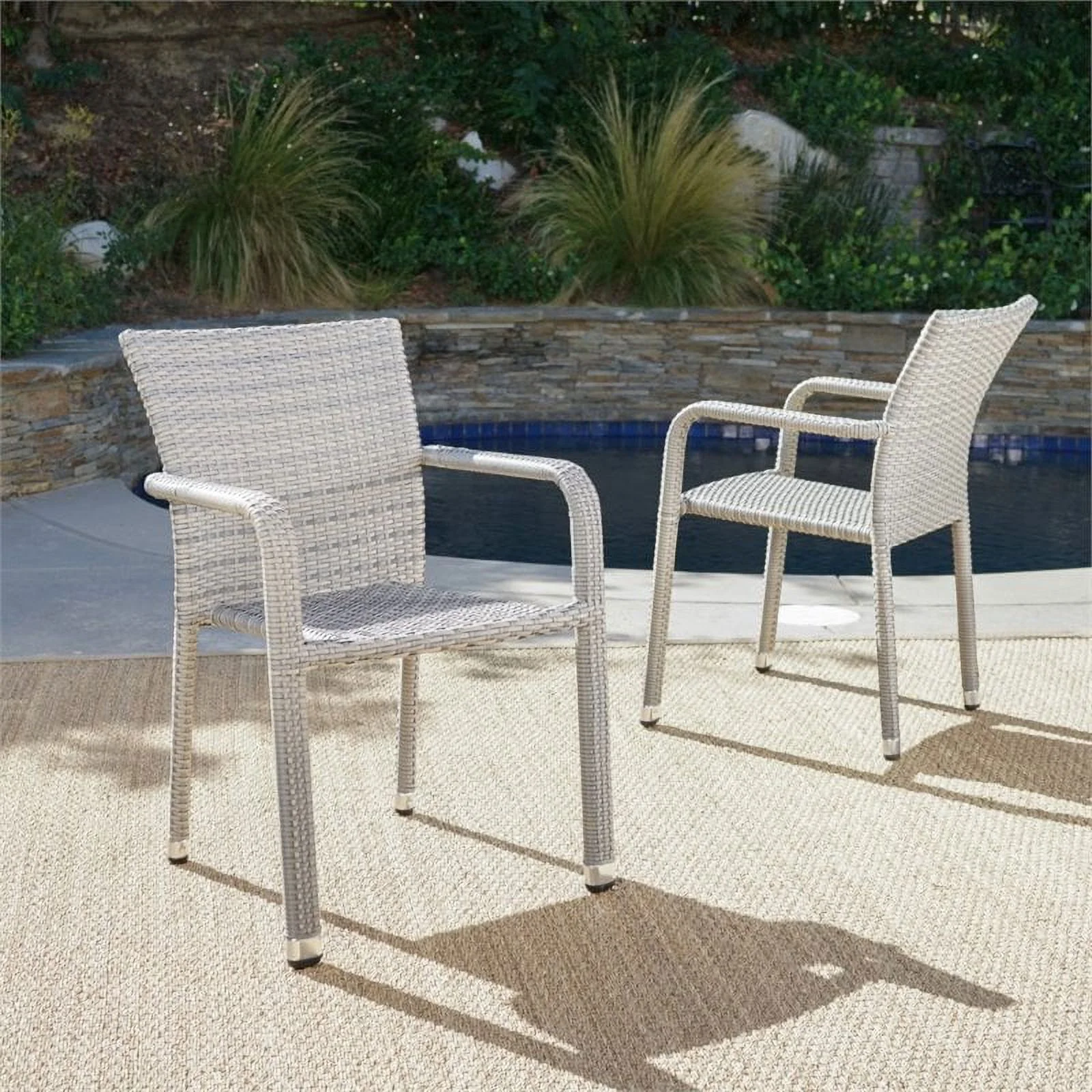 Noble House Dover Outdoor Aluminum Stacking Chairs in Chateau Gray (Set of 2)