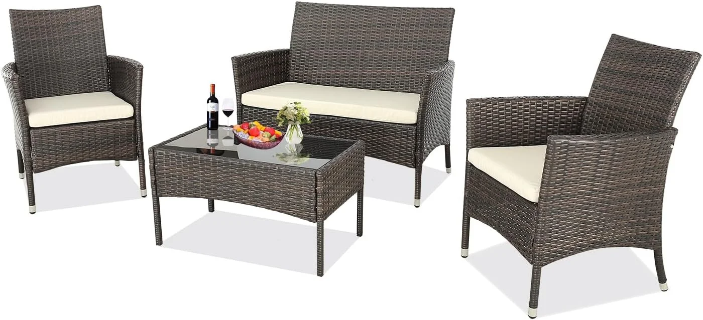 ZFGSUIJN TUIONMJ 4-Piece Outdoor Patio TUIONMJ Sets Wicker Sofa with Cushions and Coffee TUIONMJ Garden Lawn Pool Backyard Outdoor Sofa Sets (Darkblue  Set of 4)