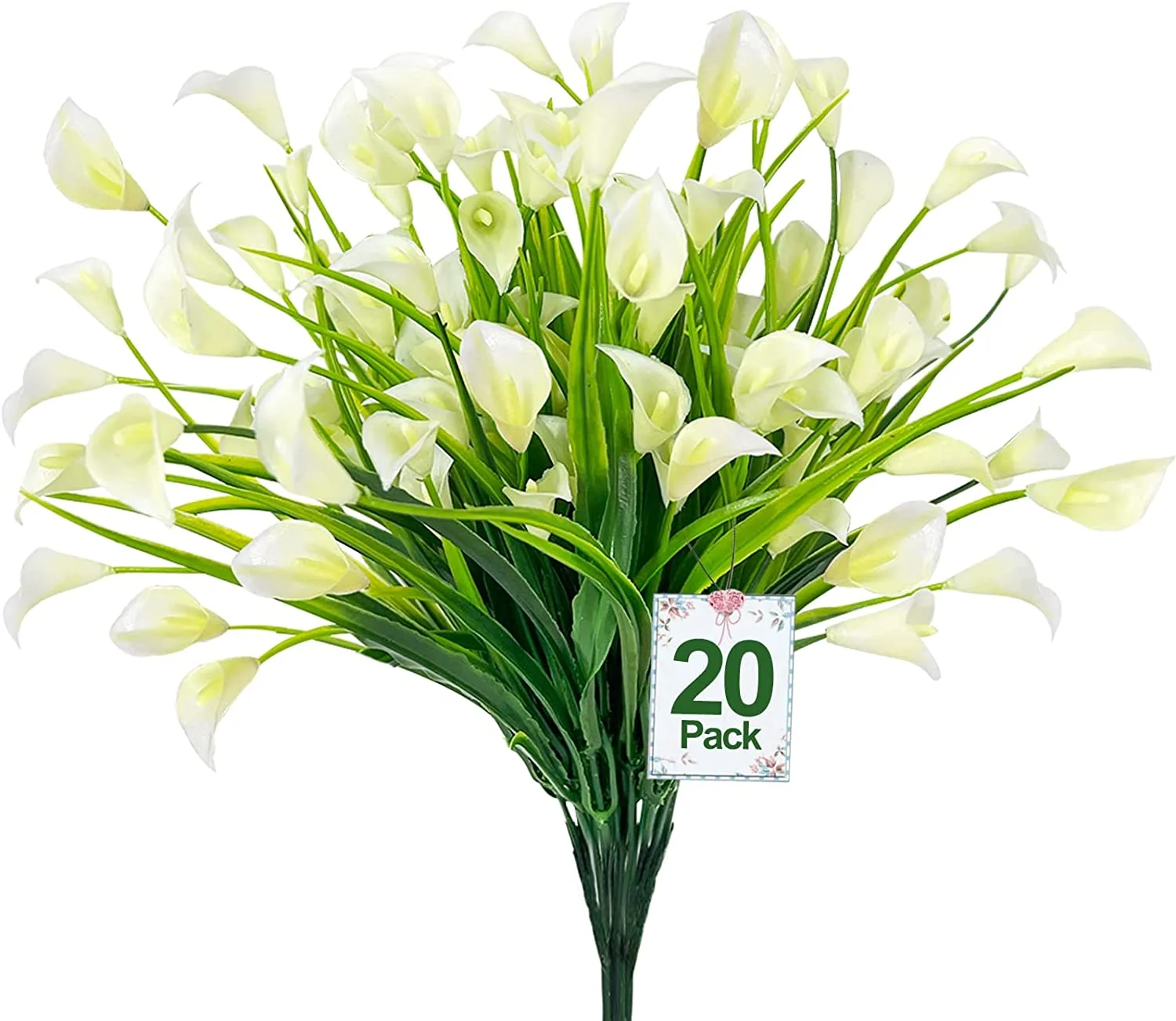 Sinhoon 20 Bundles Calla Lily Artificial Flowers Plants Outdoor Decorations, UV Resistant Faux Fake Plants Plastic Spring Flower Indoor Outside Hanging Planter Home Kitchen Garden Porch Decor (White)