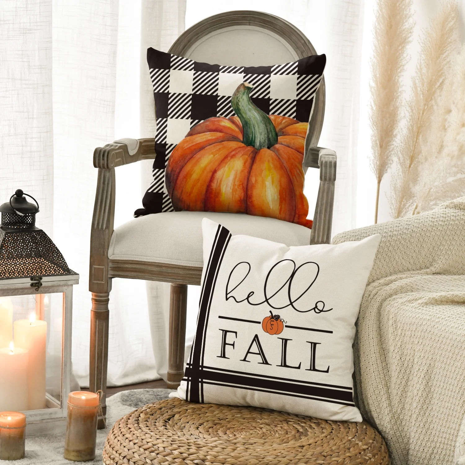 Smile Buffalo Check Plaid Fall Throw Pillow Covers 18 x 18 Set of 4 Maple Leaf Hello Pumpkin Beige