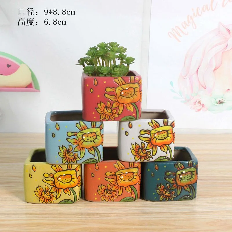 Hand-painted Ceramic Sunflower Succulent Plant Pot, Korean Style Creative Ceramic Succulent Flower Pot