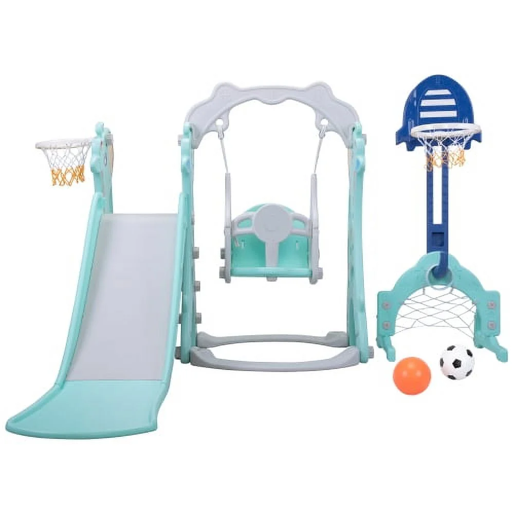 5 in 1 Slide and Swing Playing Set, Toddler Extra-Long Slide with 2 Basketball Hoops, Football, Ringtoss, Indoor Outdoor